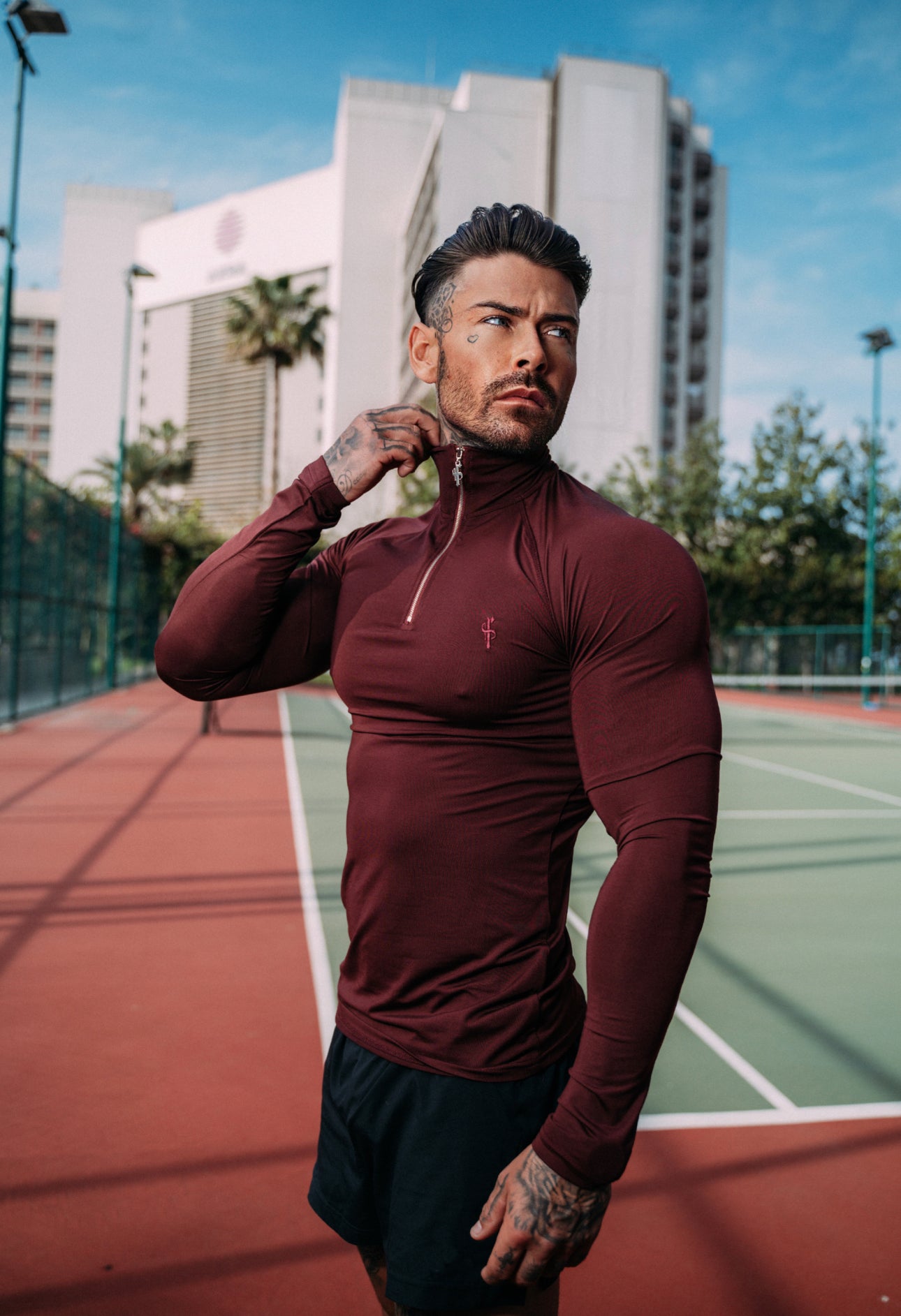 Long Sleeve Burgundy Half Zip Gym Top - FSH733