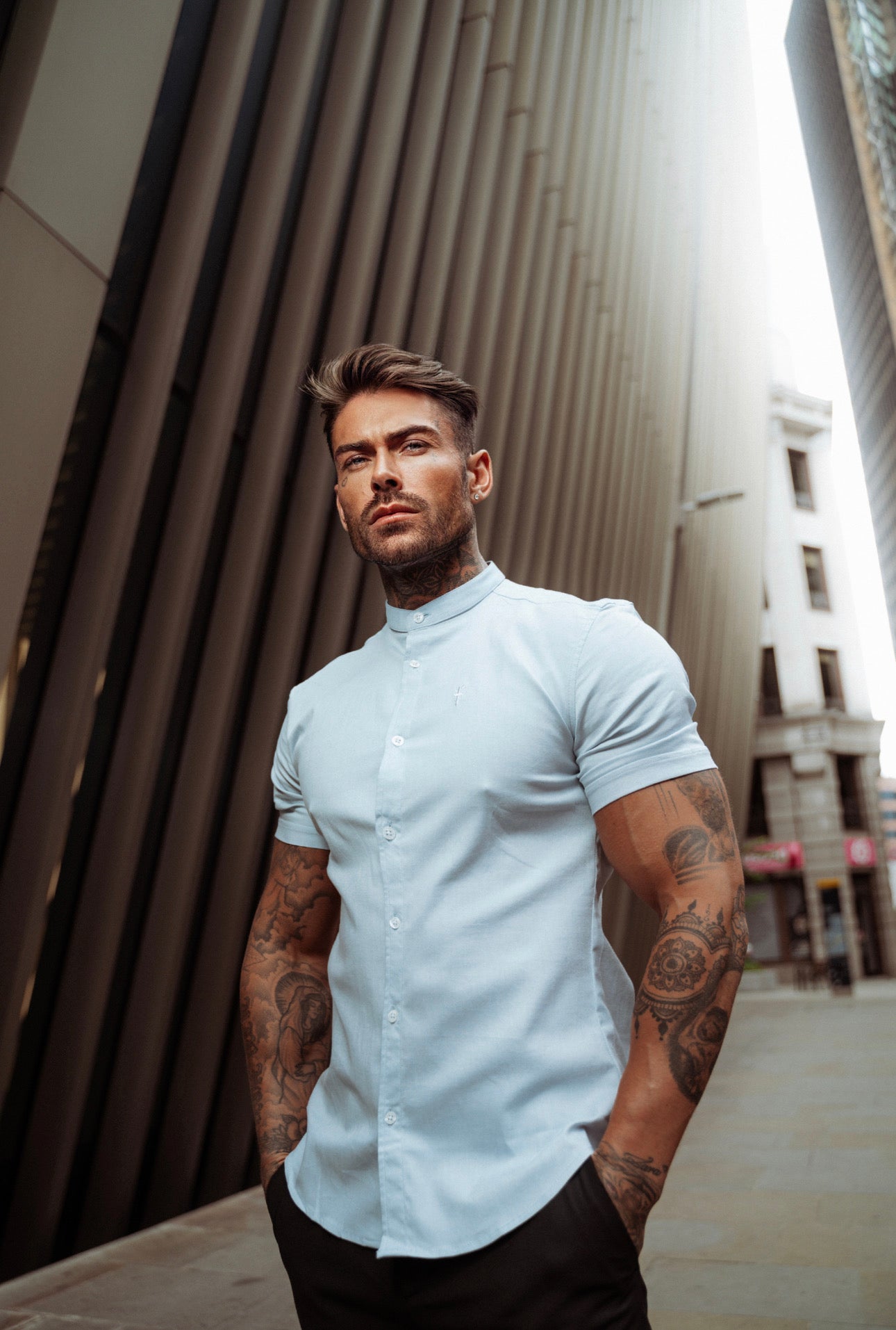 Super Slim Stretch Classic Oxford Light Blue Short Sleeve with Grandad Collar - FS937