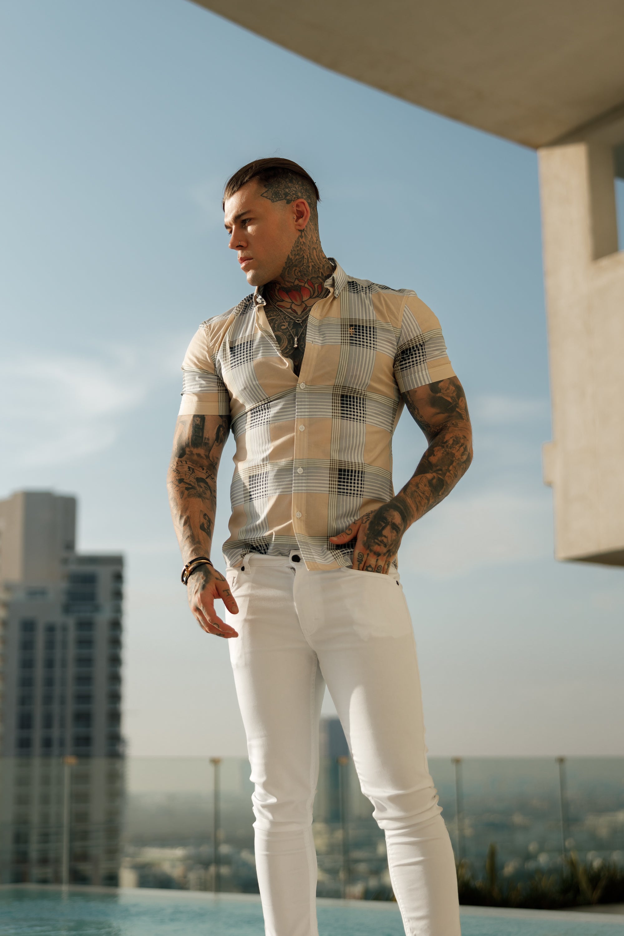 Super Slim Stretch Peach / Grey Check Print Short Sleeve with Button Down Collar - FS900