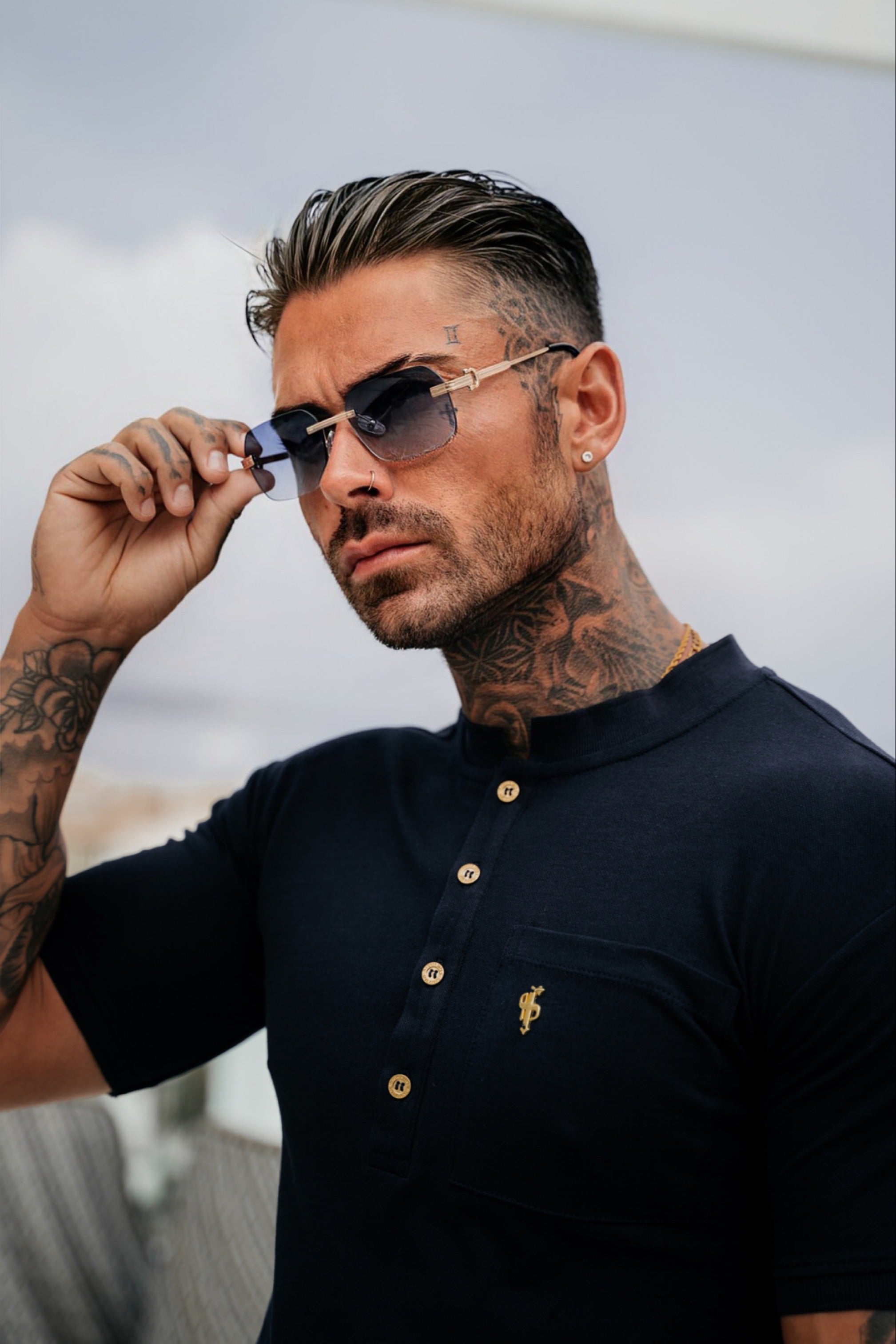 Classic Navy and Gold Grandad Polo Shirt With Pocket - FSH828