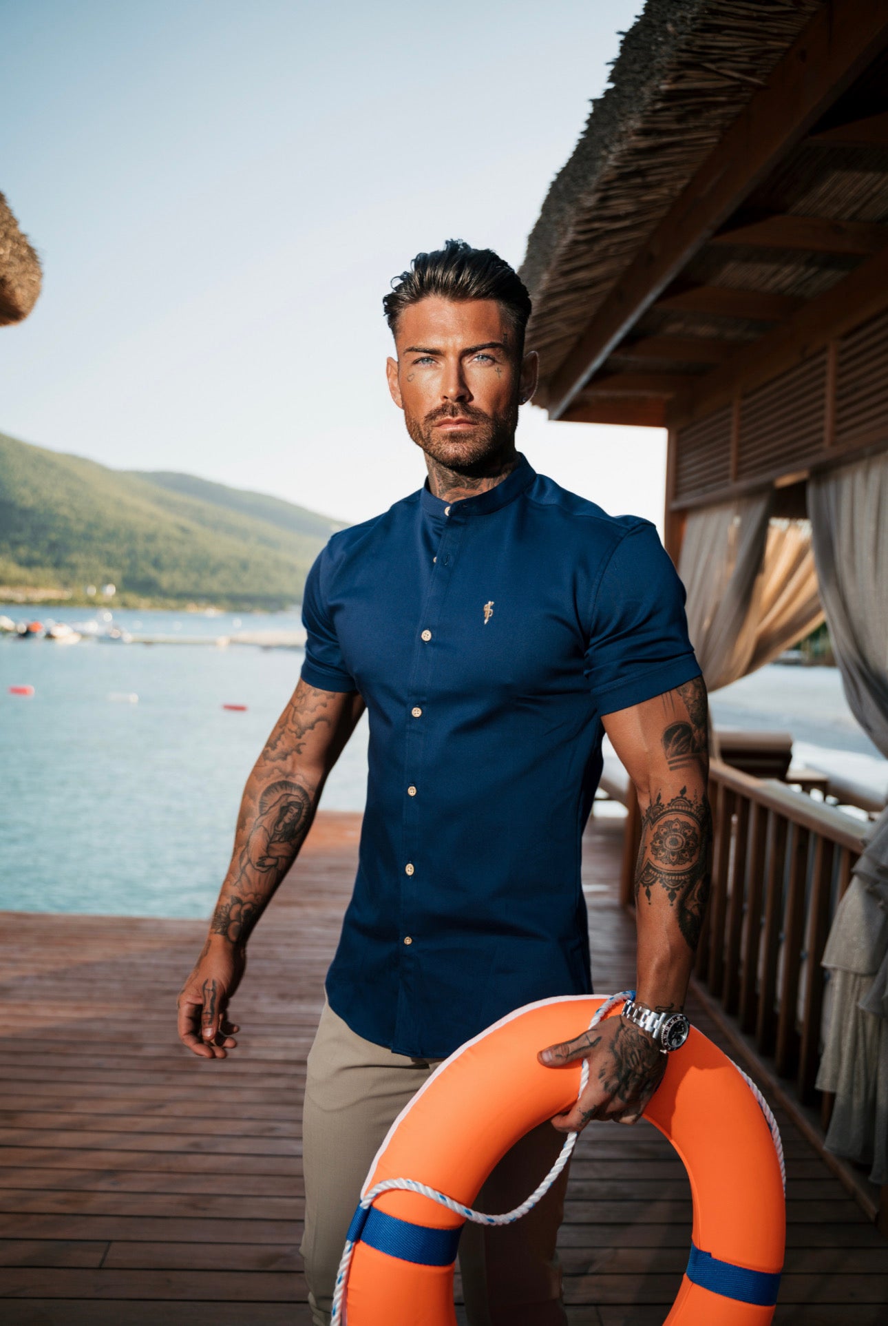 Super Slim Stretch Navy Denim Short Sleeve Grandad collar with Metal Buttons and Decal Emblem - FS714