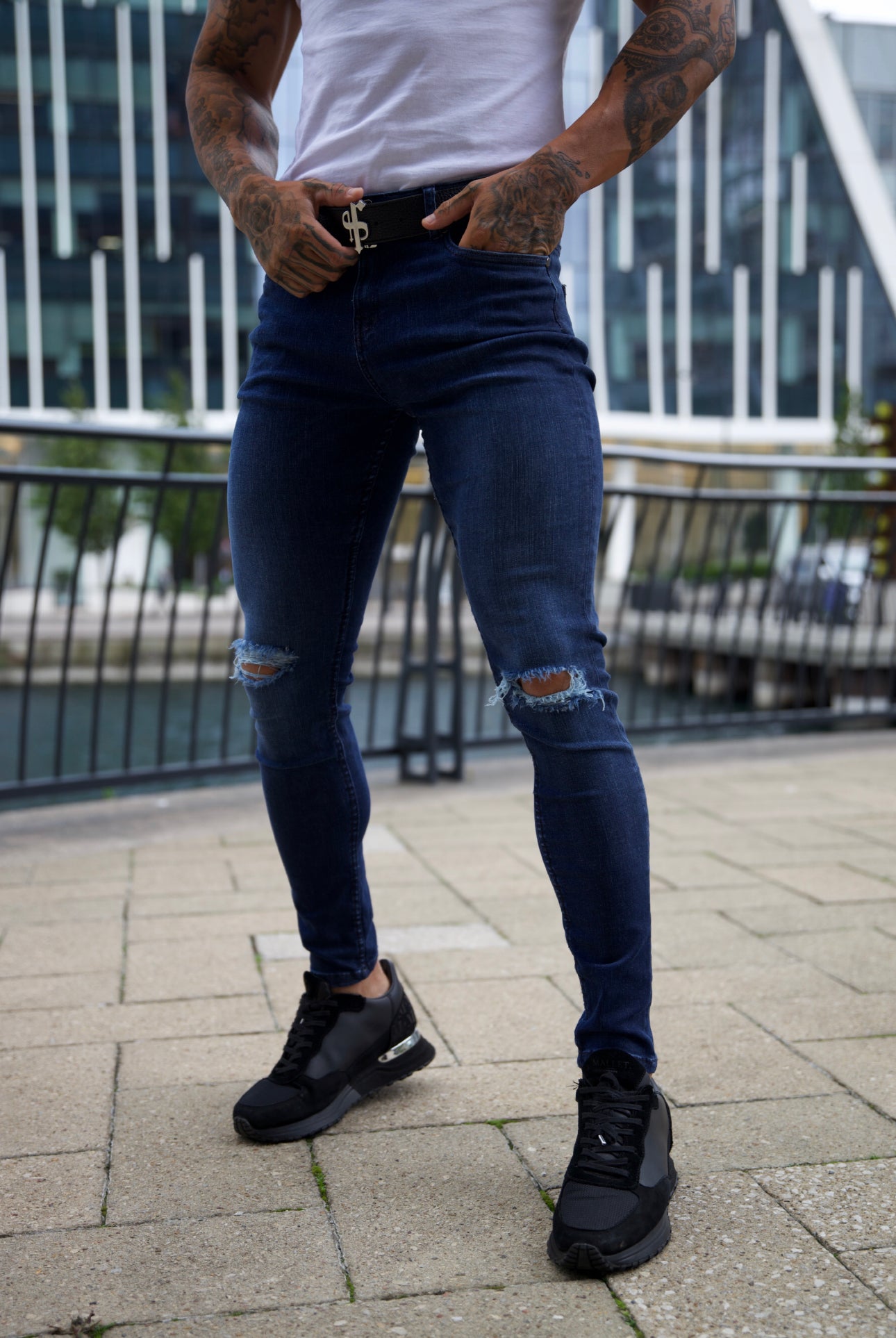 Ultra Stretch Navy Slim Jeans with Knee Rips - FSJEAN004