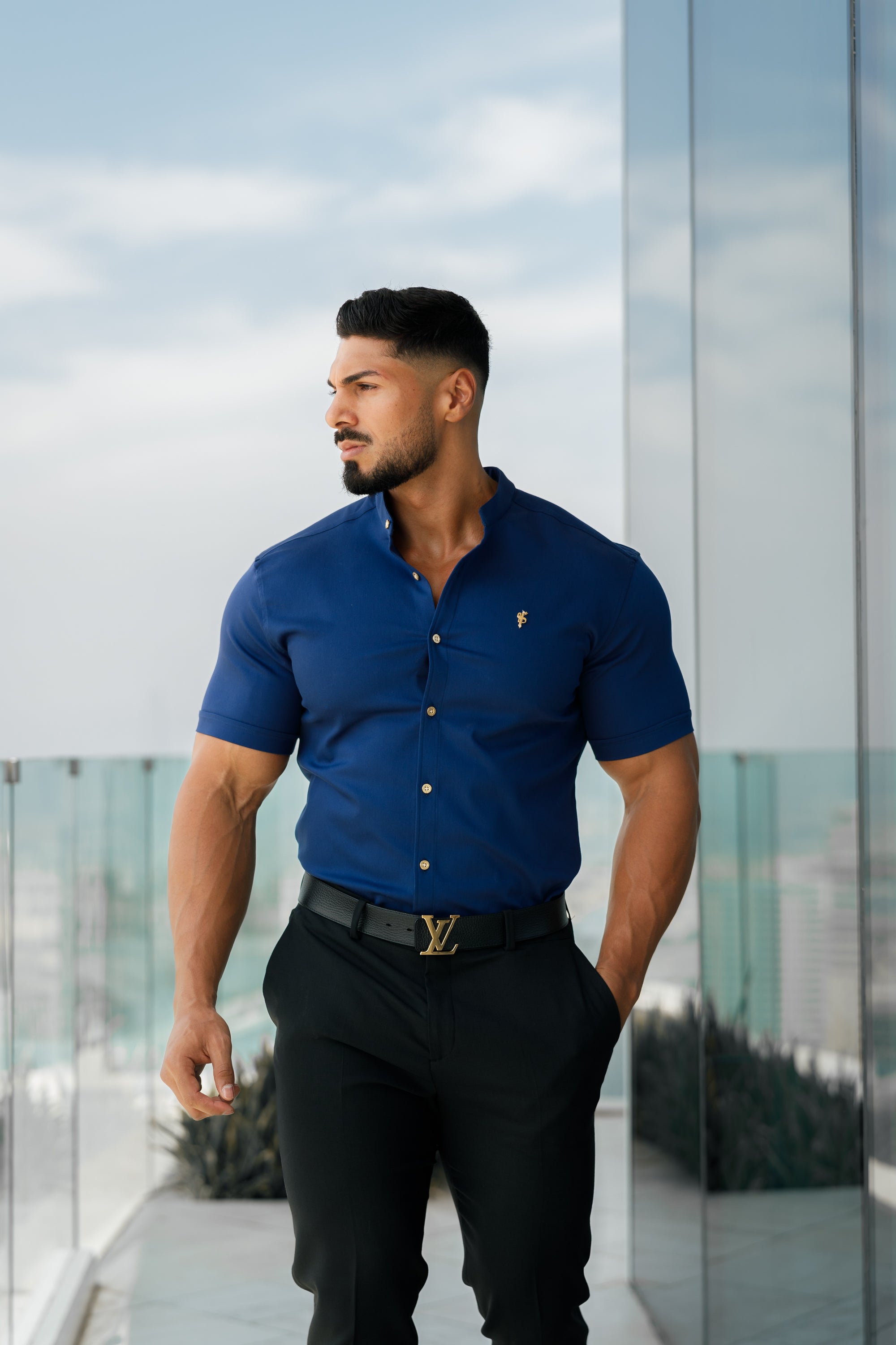 Super Slim Stretch Navy Denim Short Sleeve Grandad collar with Metal Buttons and Decal Emblem - FS714