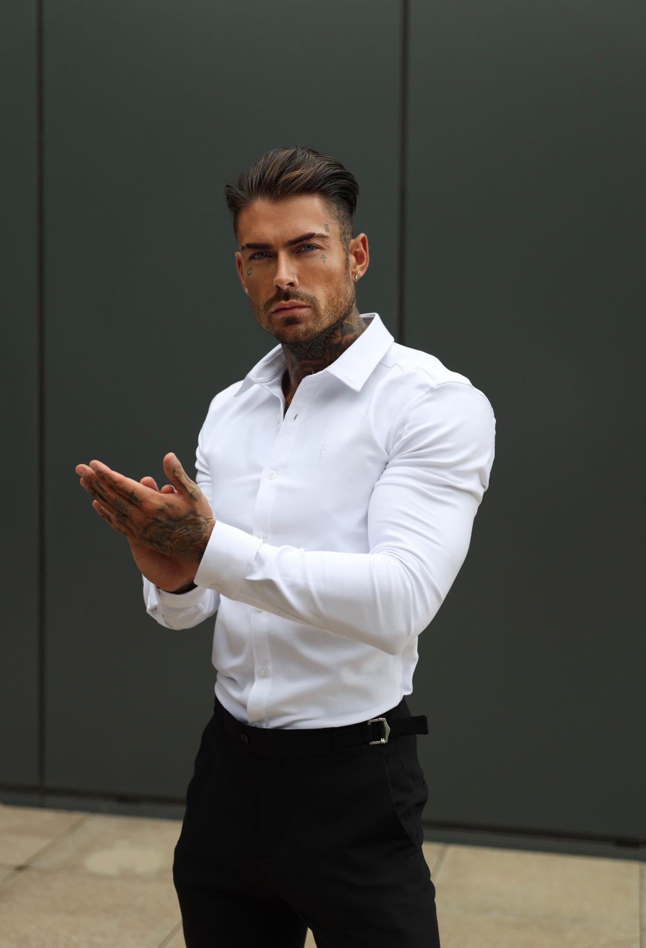 Super Slim Scuba White Long Sleeve Stretch with Back Box Pleat and Side Seam Detail - FS942