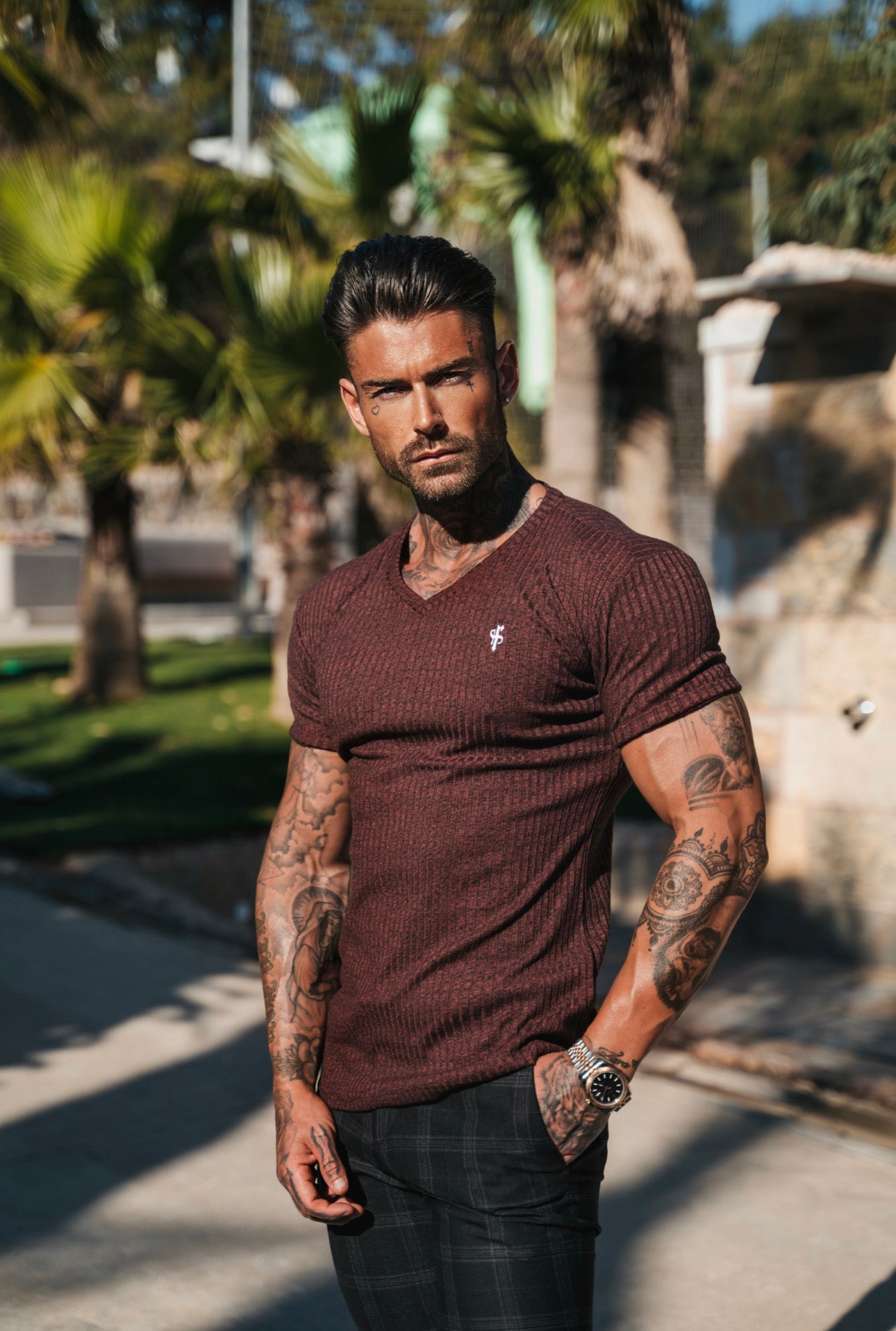 Classic Burgundy / White V Neck Ribbed Short Sleeve - FSH768