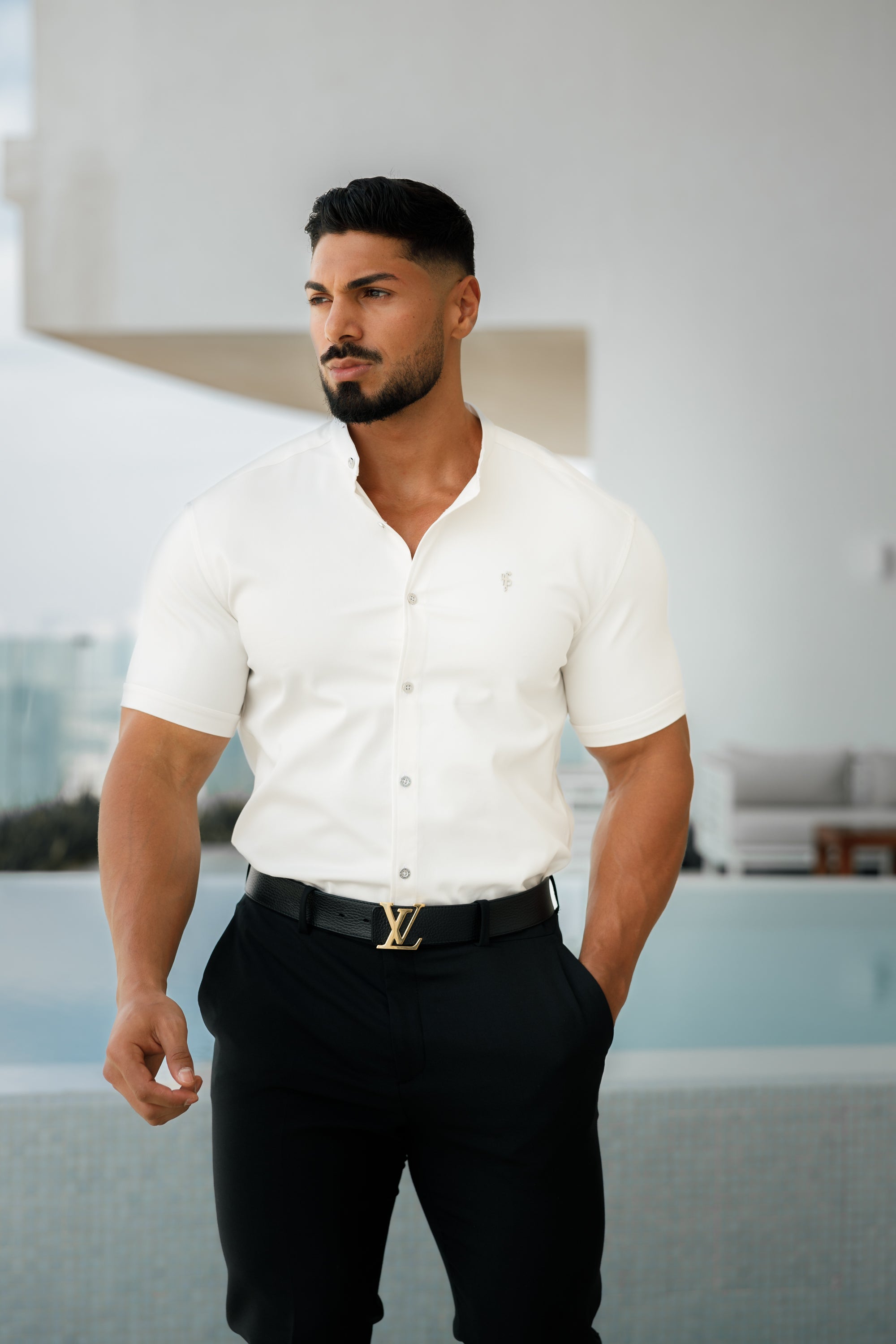 Super Slim Stretch Cream Denim Short Sleeve Grandad collar with Metal Buttons and Decal Emblem - FS726