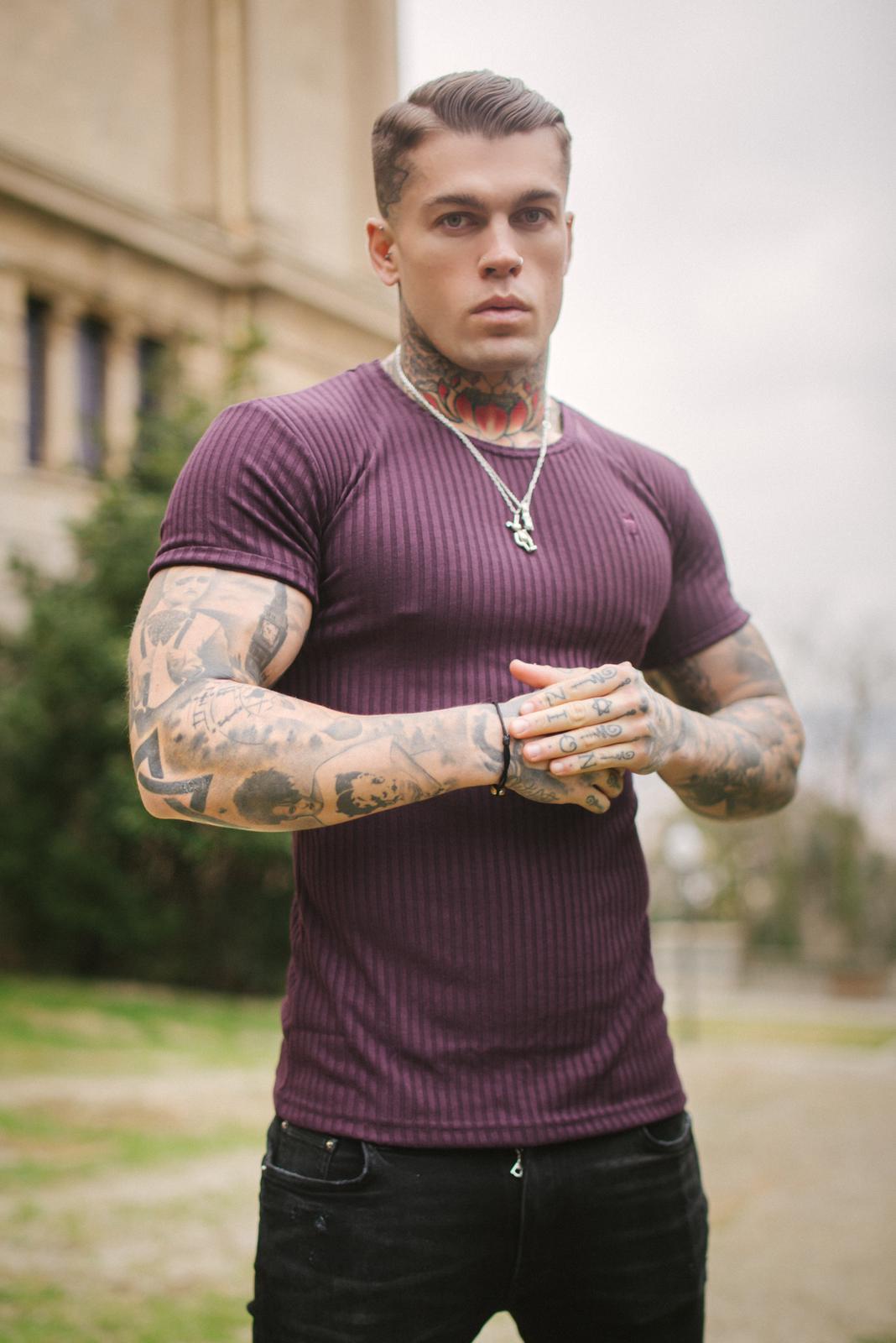 Classic Plum Ribbed Knit Super Slim Short Sleeve Crew - FSH616