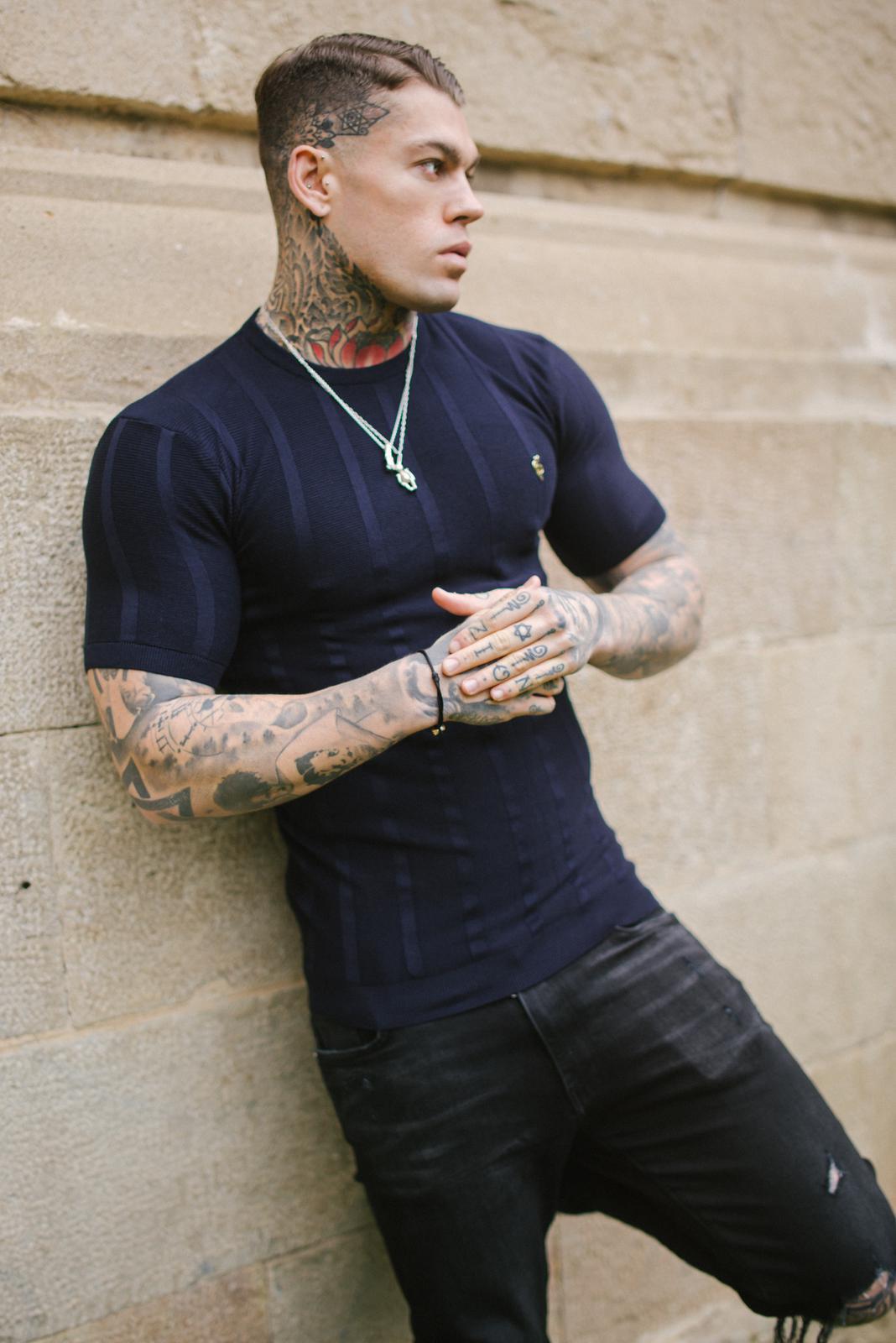 Classic Short Sleeve Navy Knitted Wide Rib Crew with Gold Emblem - FSH562