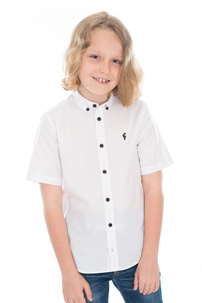 Boys Classic White Black Button Short Sleeve - FSB005 (LAST CHANCE)