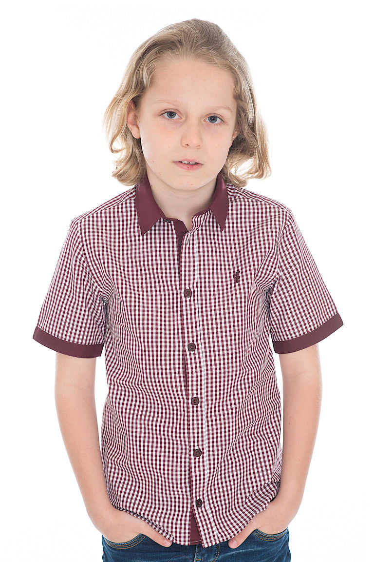 Boys Burgundy Check Contrast Short Sleeve - FSB009 (LAST CHANCE)