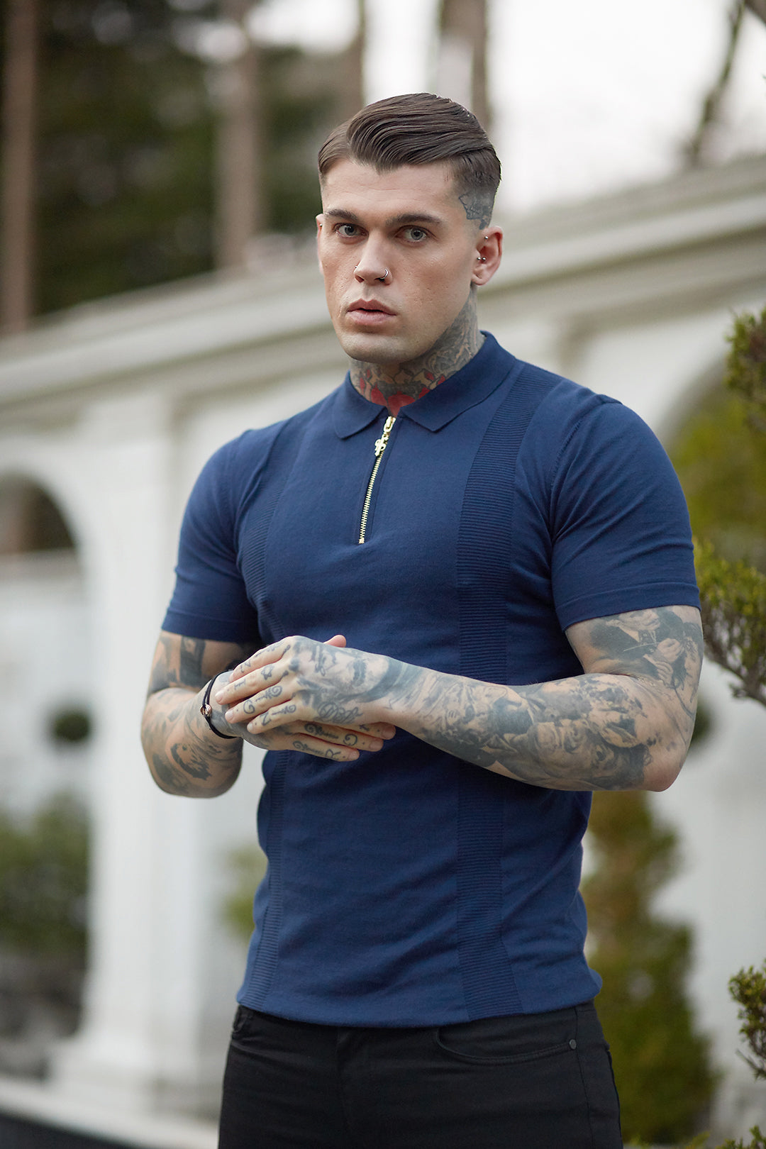 Classic Navy and Gold Zip Knitted Short Sleeve Polo Shirt - FSH417