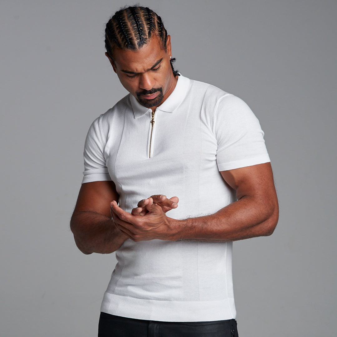 Classic White and Gold Zip Knitted Short Sleeve Polo Shirt - FSH175
