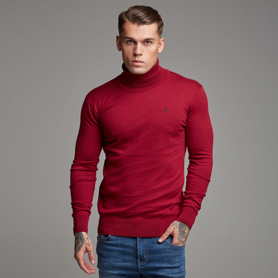 Father Sons Classic Red Roll Neck Knitted Sweater (Charcoal Emblem) - FSH086 (LAST CHANCE)