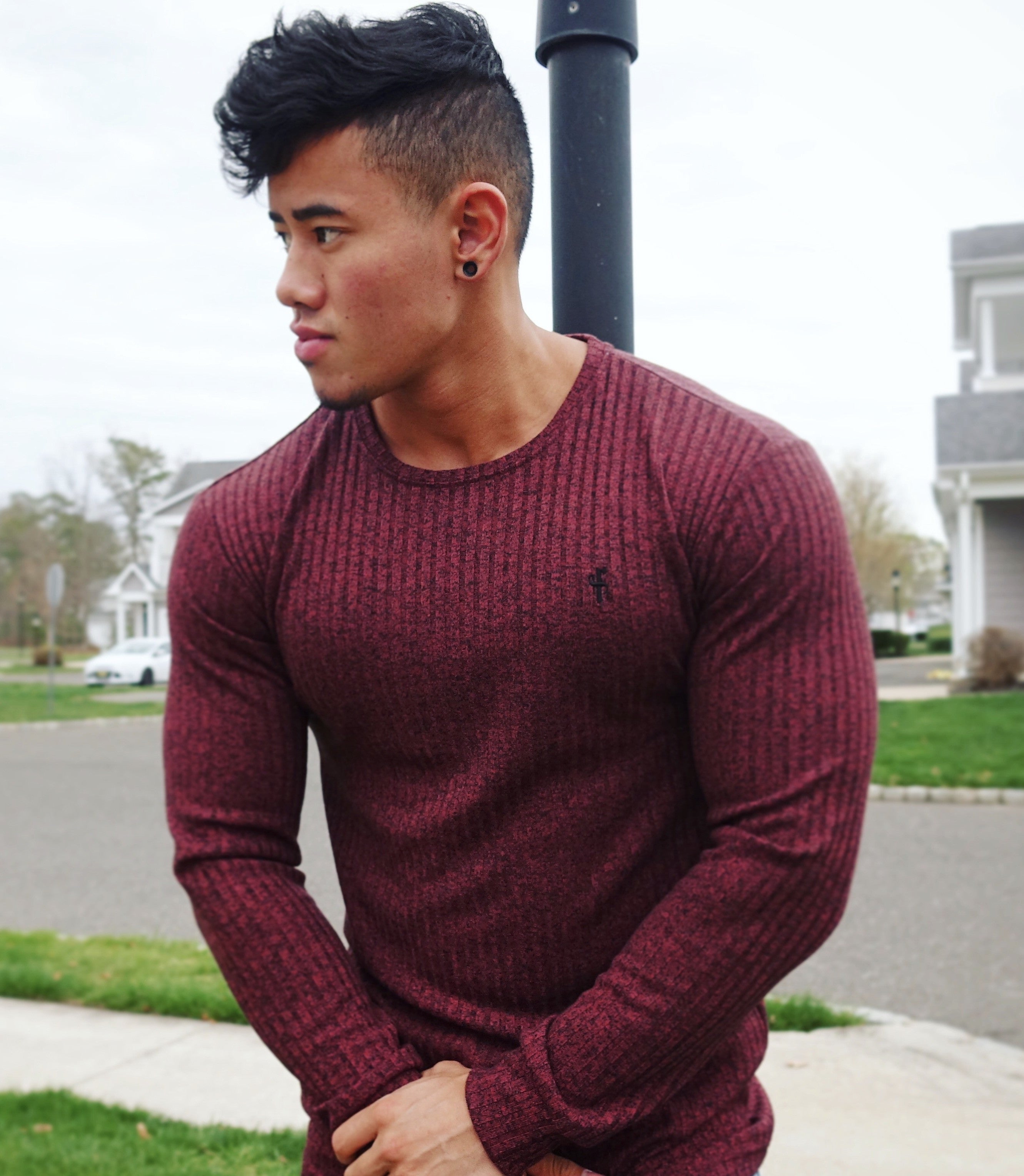 Classic Burgundy Ribbed Knit Super Slim Crew - FSH113
