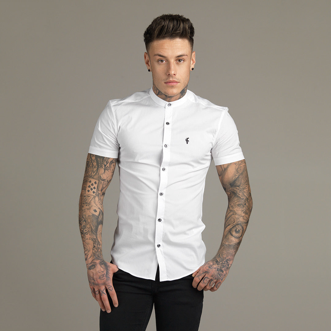 Super Slim Stretch Classic White Grandad Collar Short Sleeve - FS172