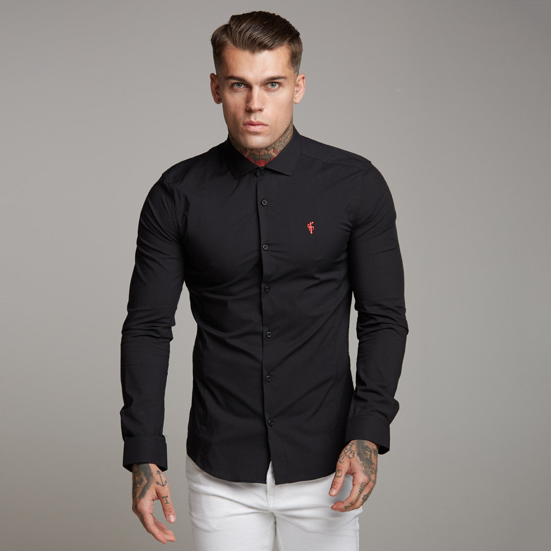 Super Slim Stretch Classic Black Panel Shirt (Red embroidery) - FS320