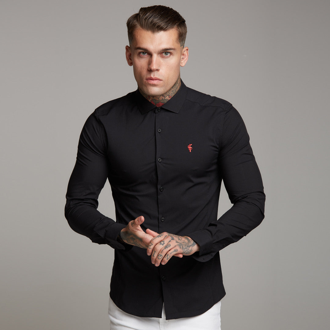 Super Slim Stretch Classic Black Panel Shirt (Red embroidery) - FS320