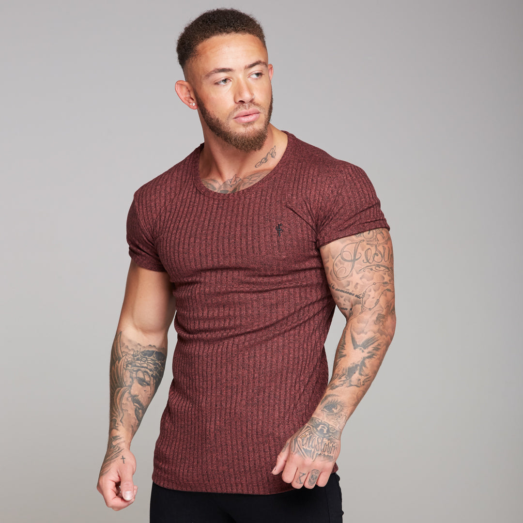Classic Burgundy Ribbed Knit Super Slim Long Line Crew - FSH170