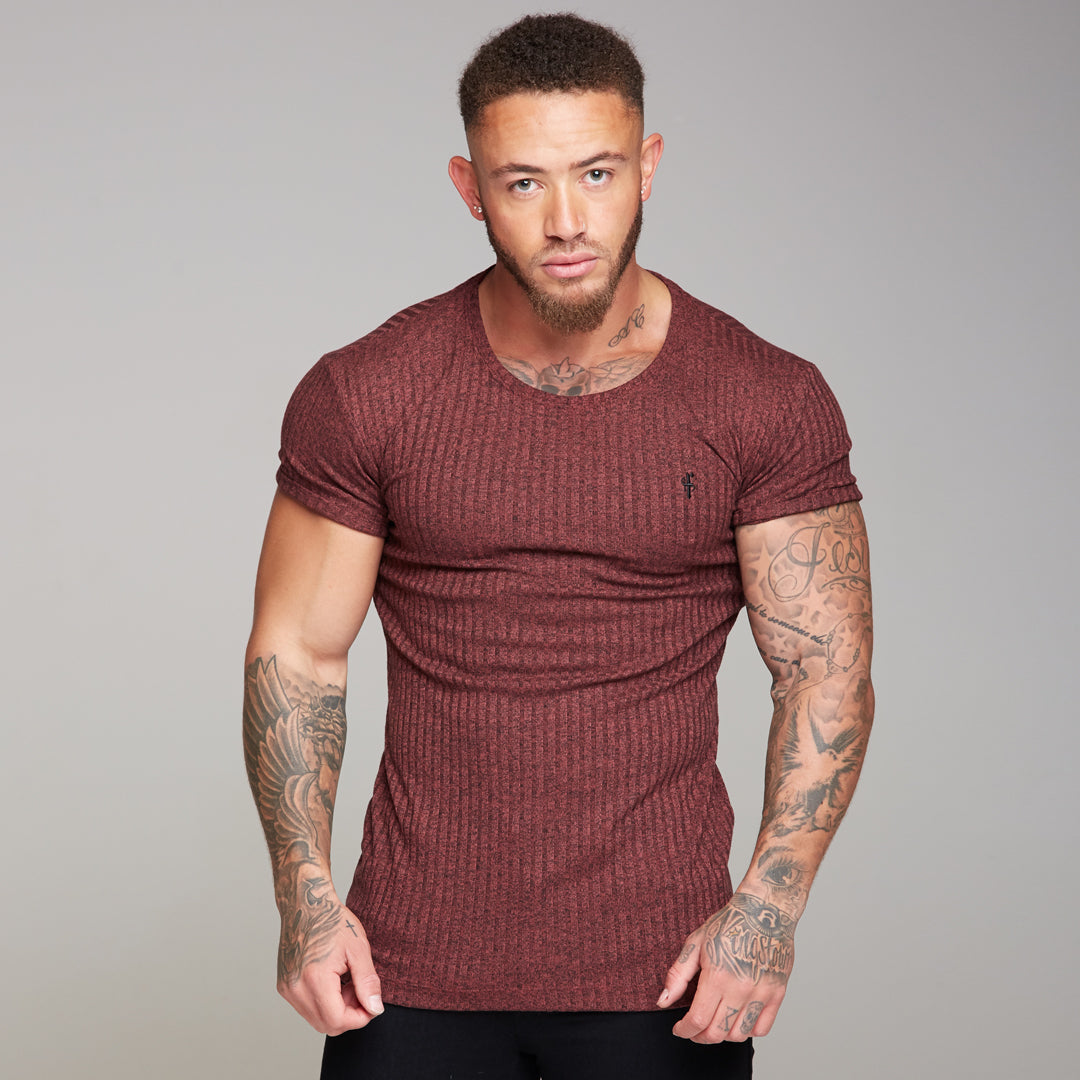 Classic Burgundy Ribbed Knit Super Slim Long Line Crew - FSH170