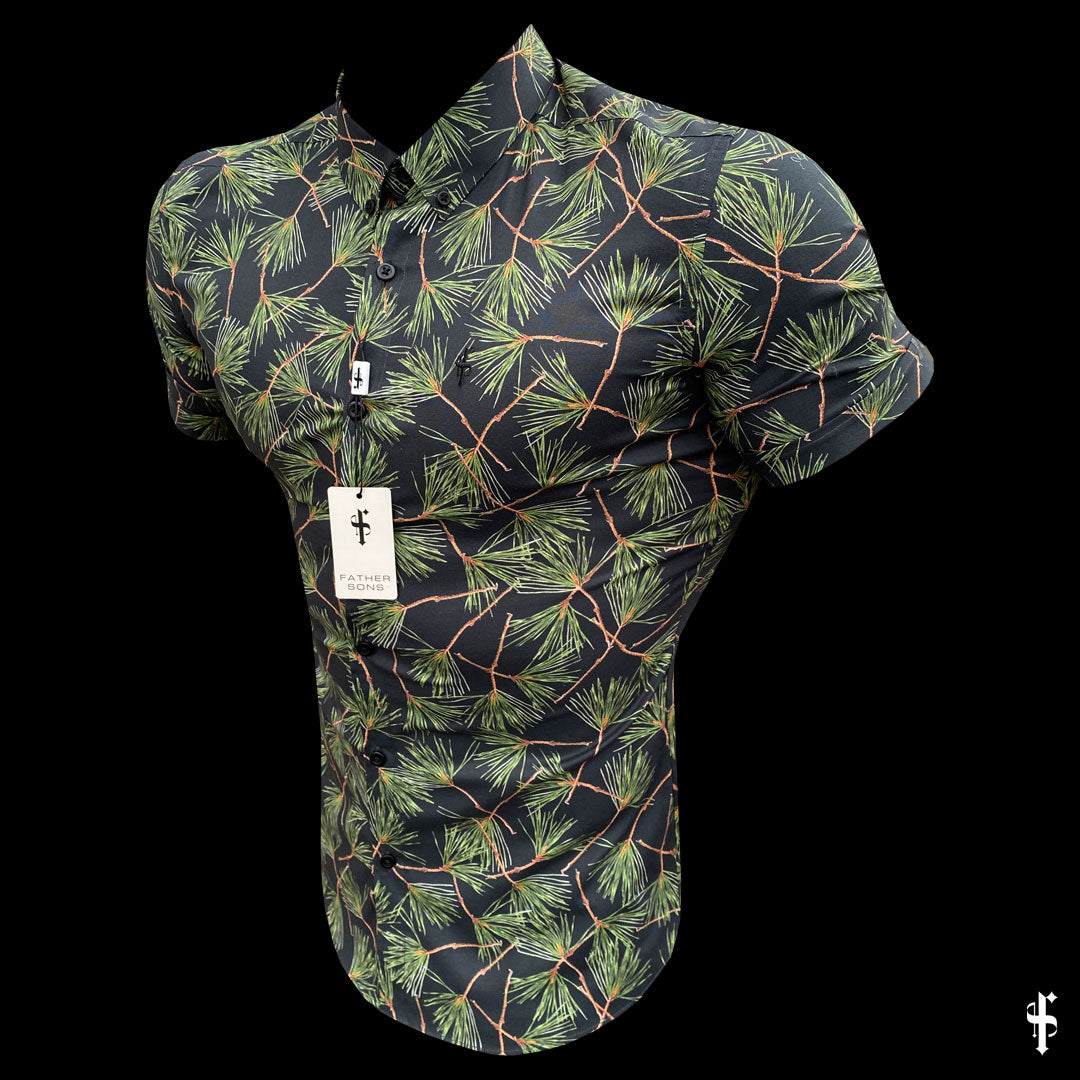 Super Slim Stretch Black Base With Palm Tree Print Short Sleeve Button Down - FS586
