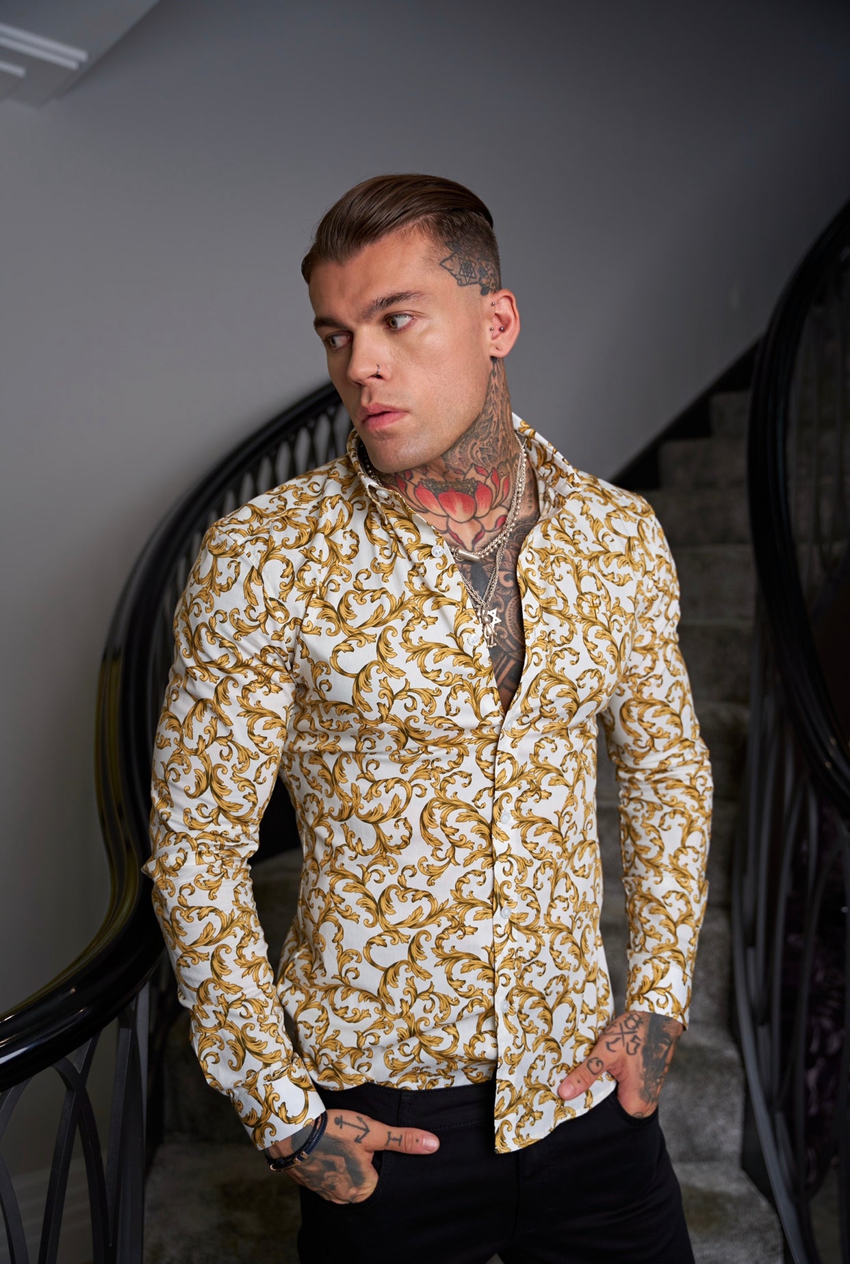 Super Slim Stretch White / Gold Scroll Print Long Sleeve with Button Down Collar - FS822