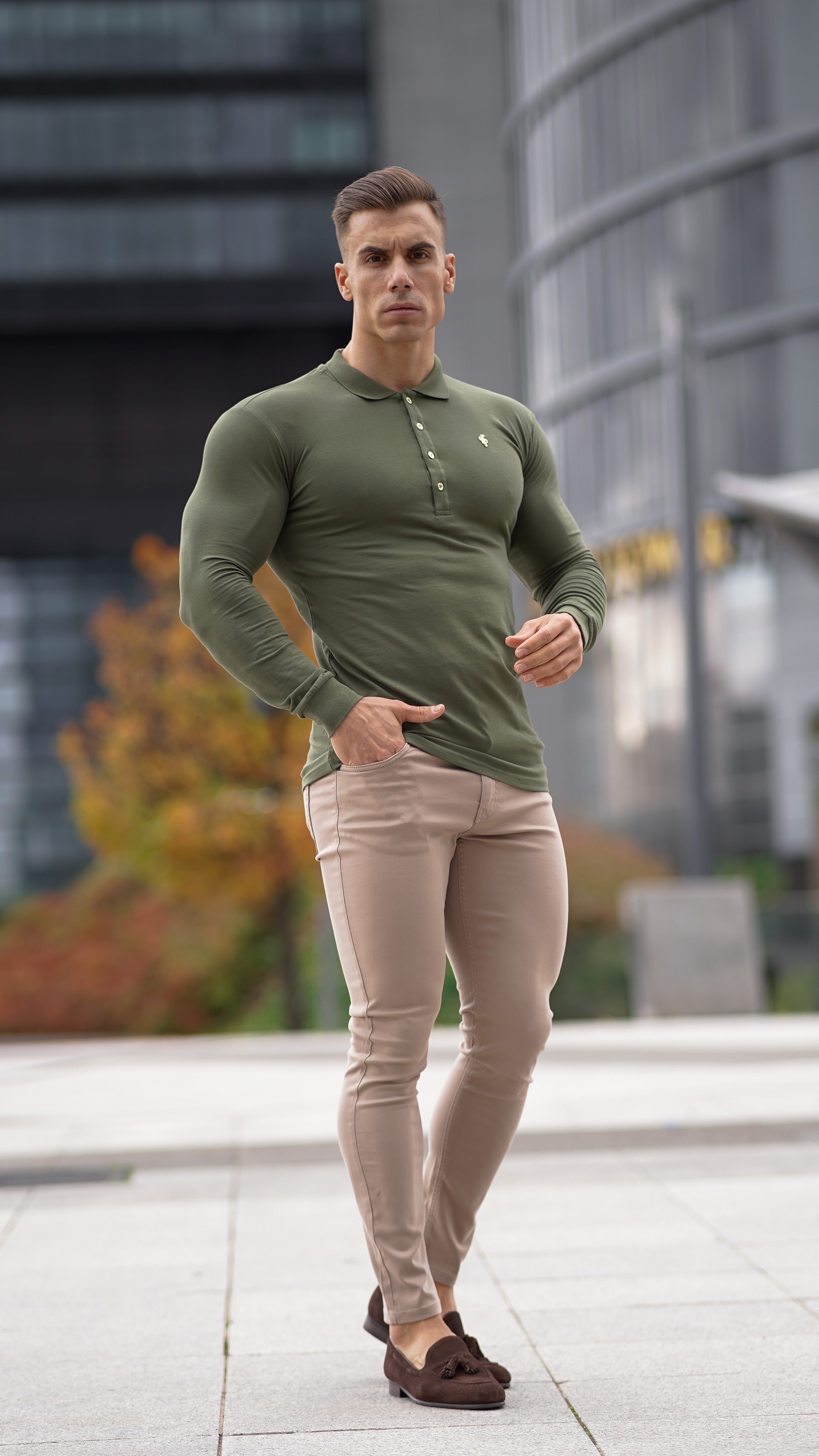 Classic Khaki Long Sleeve Polo Shirt with Gold Metal Emblem Decal & Buttons - FSH513