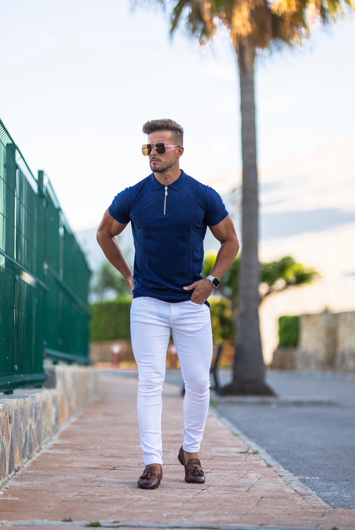 Classic Navy and Gold Zip Knitted Short Sleeve Polo Shirt - FSH417