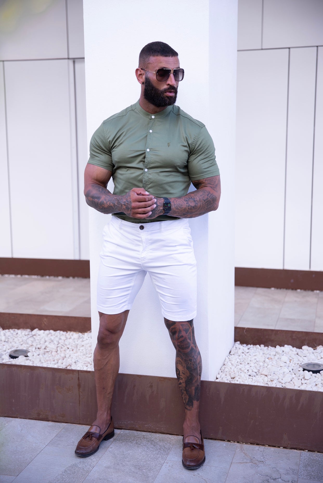 Super Slim Luxe Ultra Stretch Khaki Short Sleeve with Grandad Collar - FS781