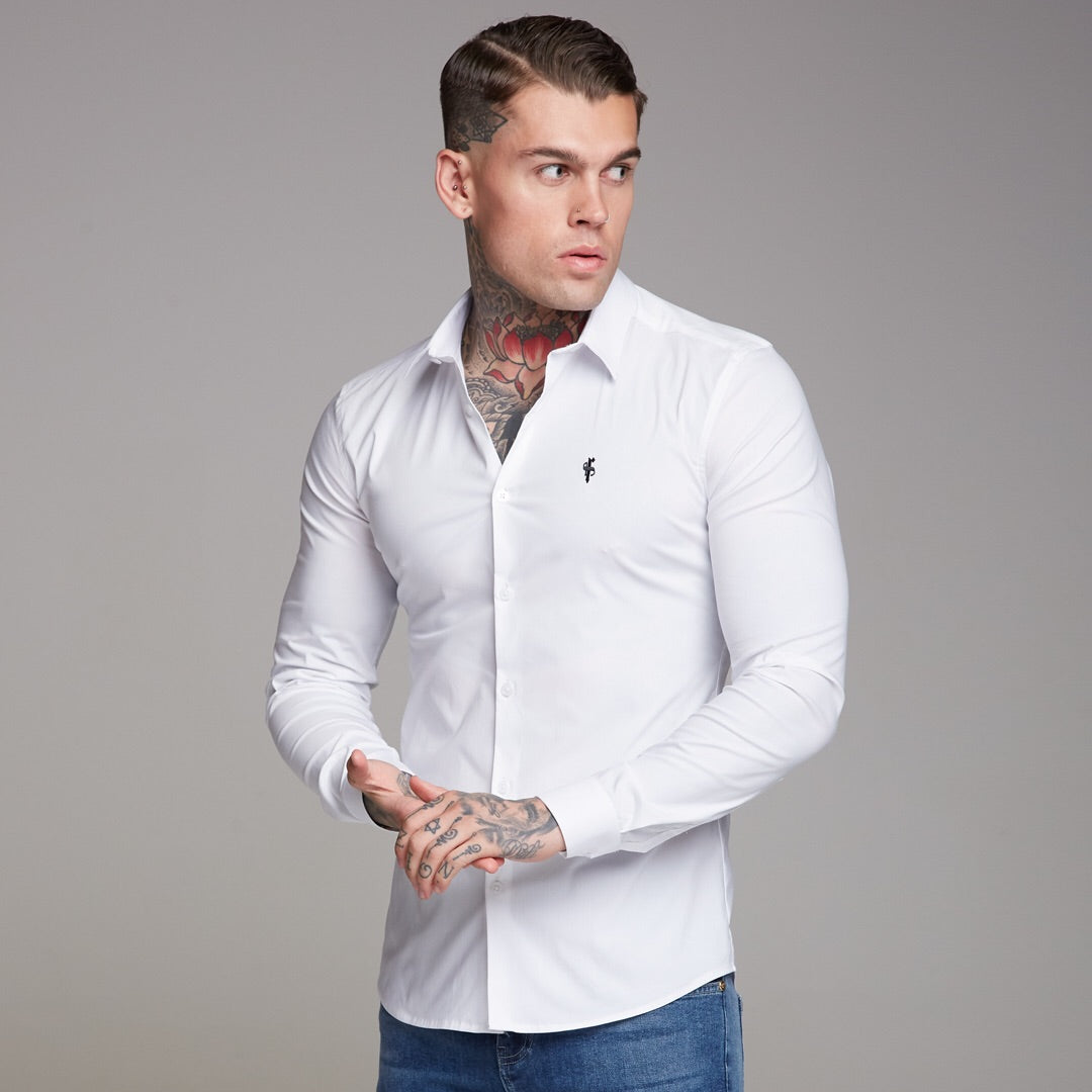 Super Slim Stretch Classic White Shirt (Black Embroidery) - FS516