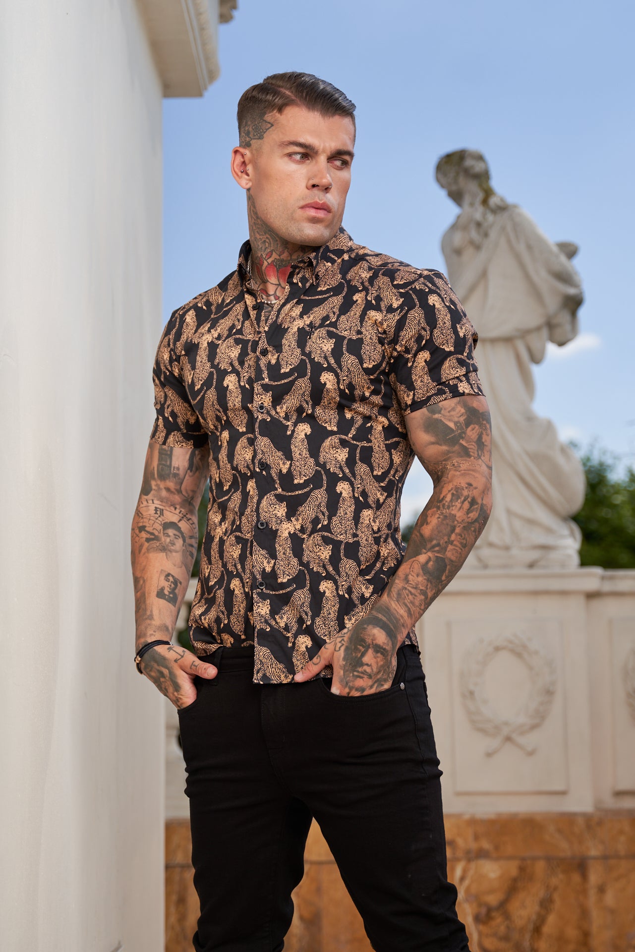 Super Slim Stretch Black / Tan Cheetah Print Short Sleeve with Button Down Collar - FS789