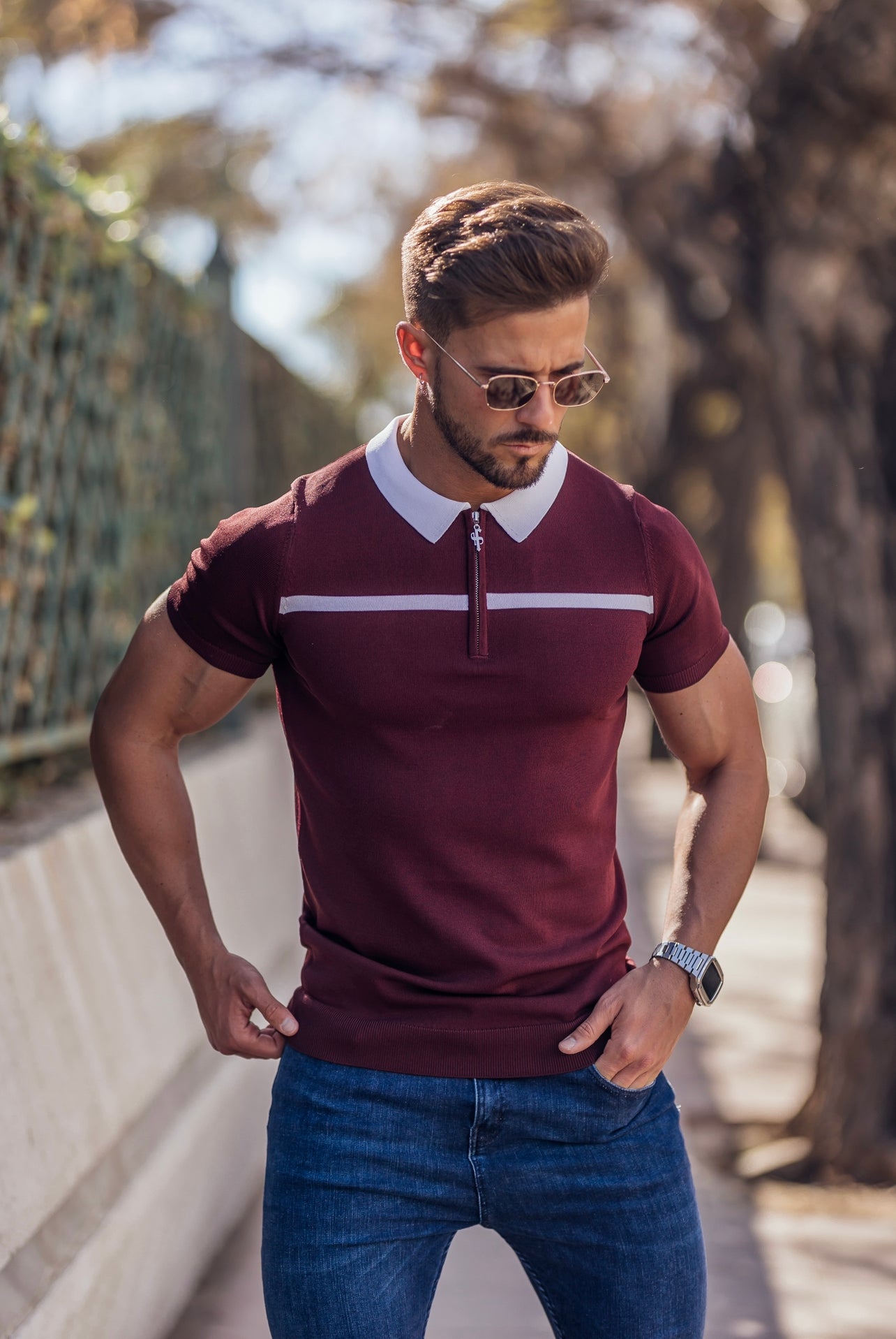 Classic Burgundy / White Horizontal Stripe Zipped Polo Short Sleeve - FSN045