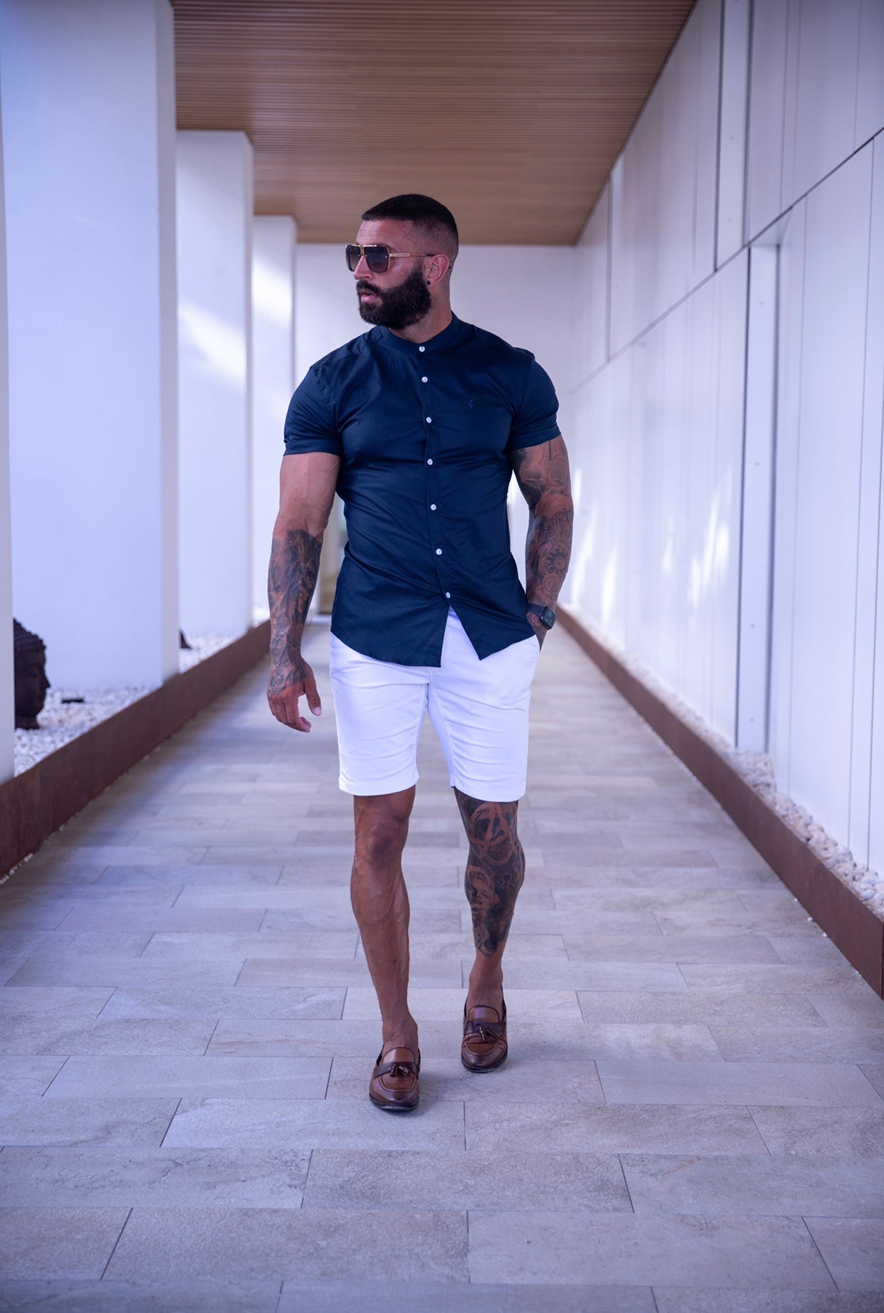 Super Slim Luxe Ultra Stretch Khaki Short Sleeve with Grandad Collar