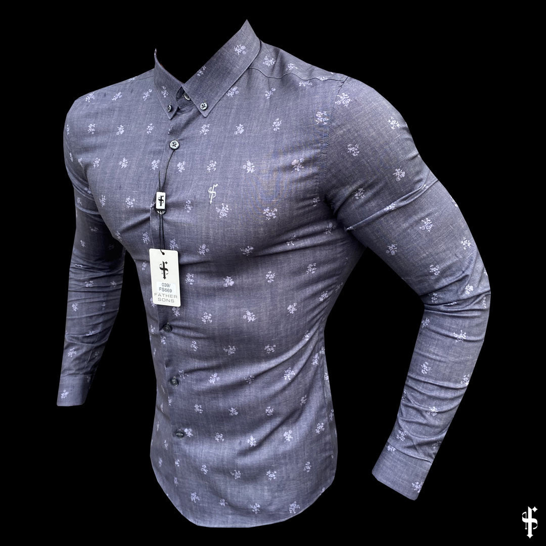 Super Slim Stretch Charcoal Floral Print Long Sleeve - FS669