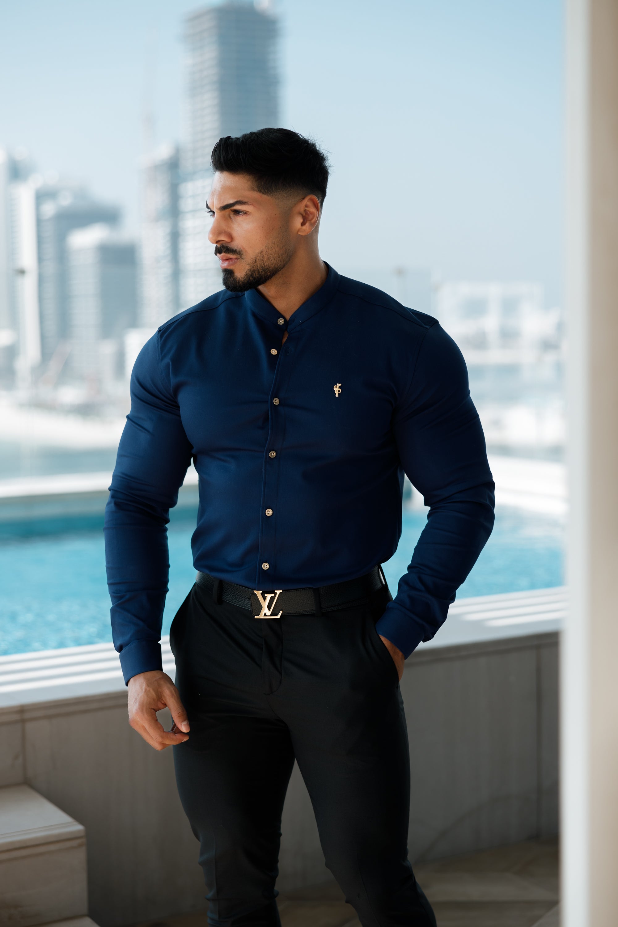 Super Slim Stretch Navy Denim Long Sleeve Grandad collar with Metal Buttons and Decal Emblem - FS713