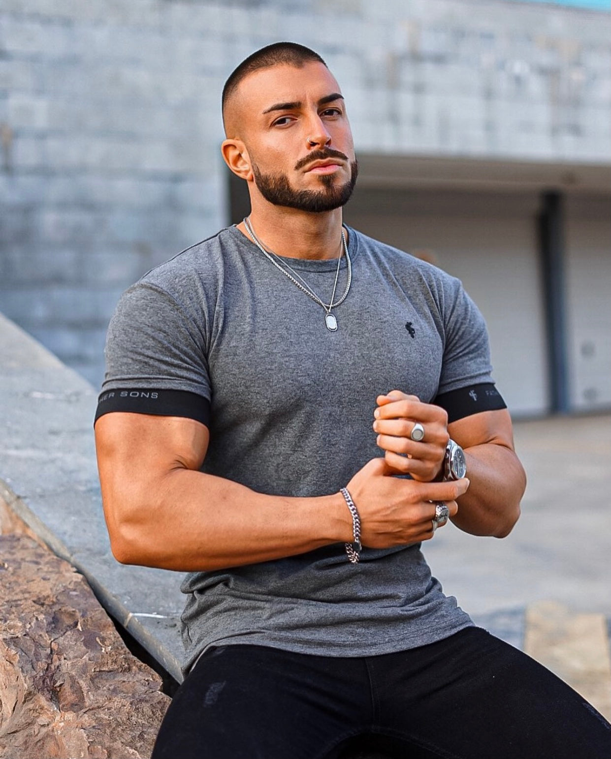 Classic Dark Grey Crew T Shirt with FS Elastic Sleeve Branding - FSH637
