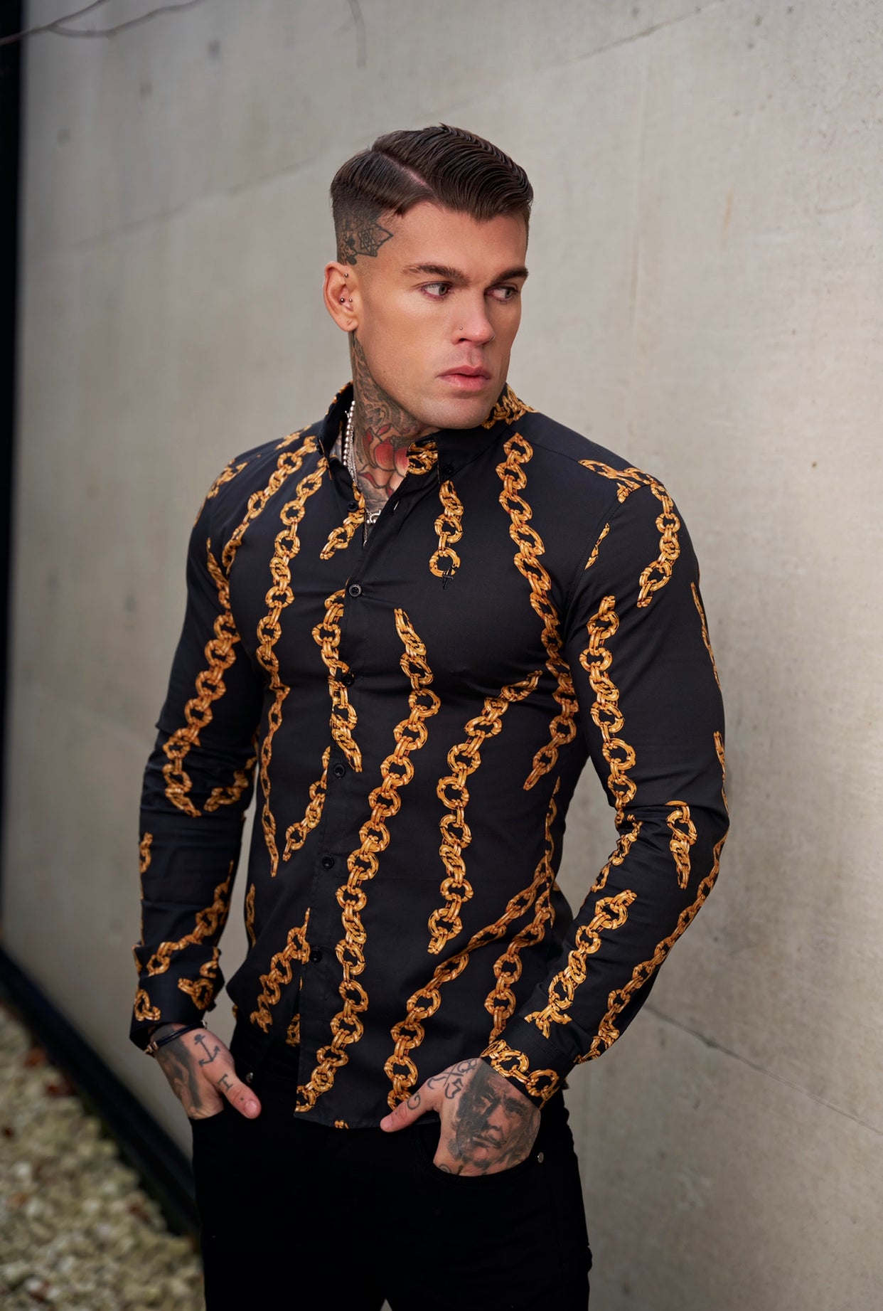 Super Slim Stretch Black / Gold Chain Print Long Sleeve with Button Down Collar - FS856