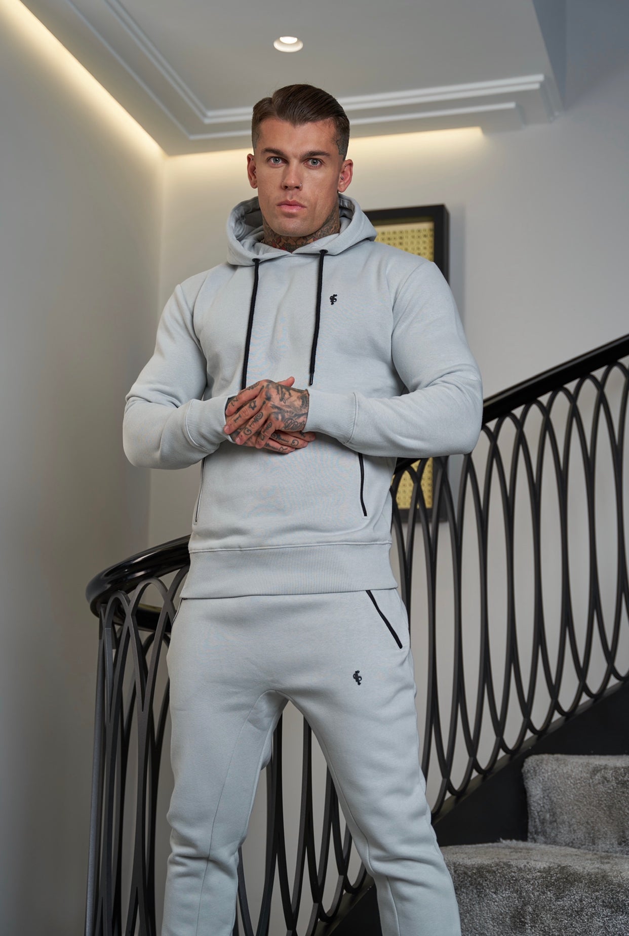 Stone Grey / Black Overhead Hoodie Top with Zipped Pockets - FSH717