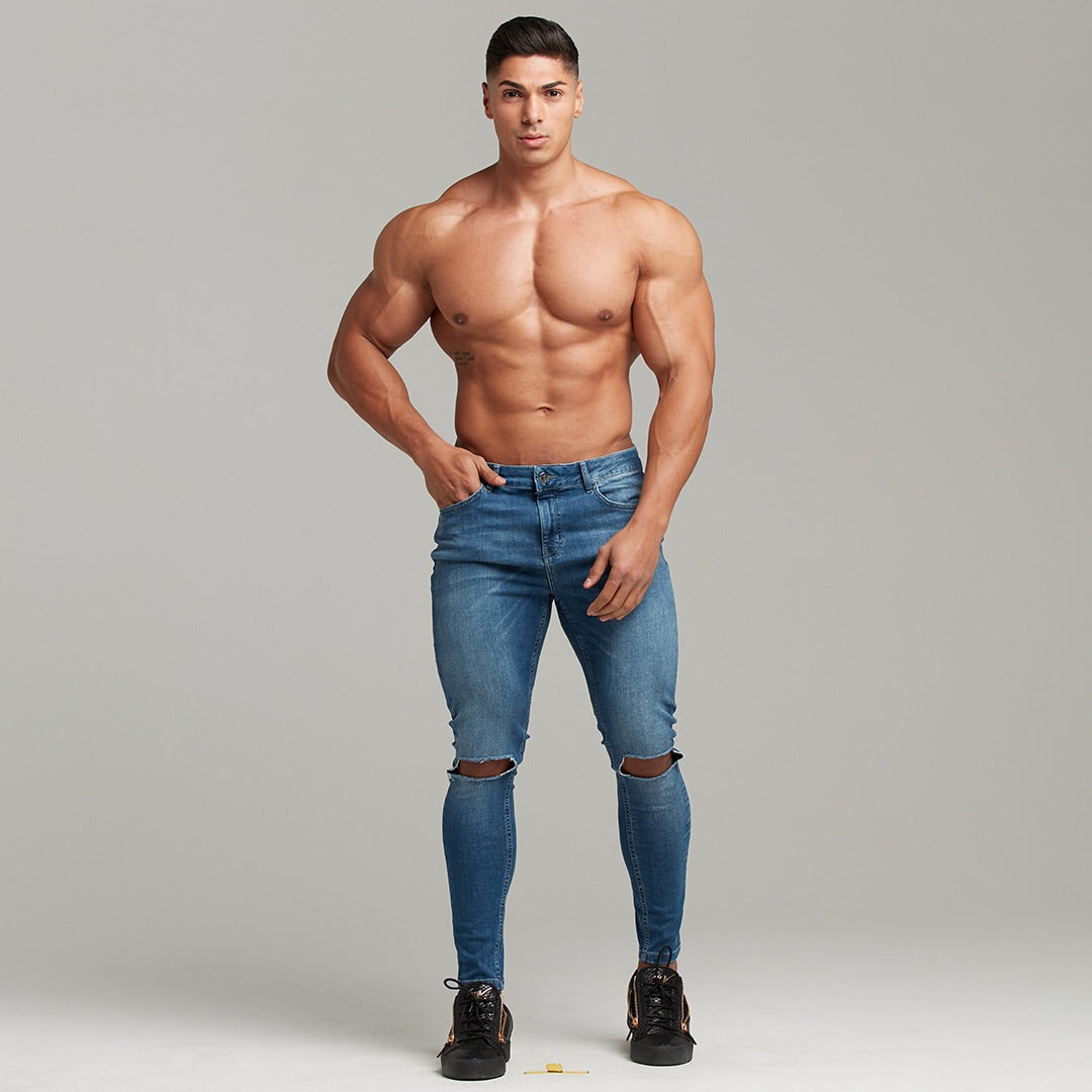 Slim Stretch Denim Blue Distressed Ripped Jeans - FSH403