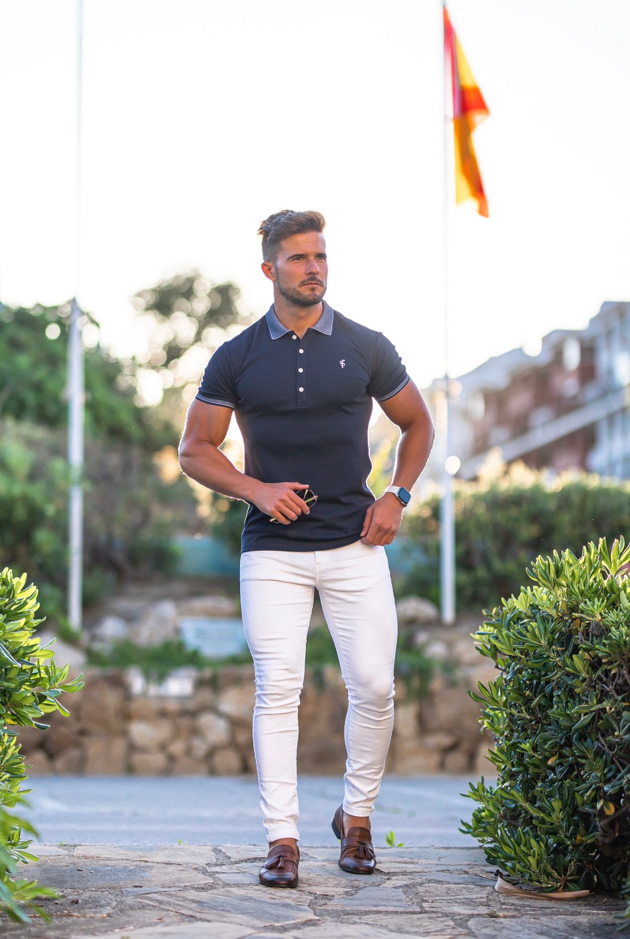 Classic Navy Pima Polo Shirt with Contrast Collar Short Sleeve - FSH397