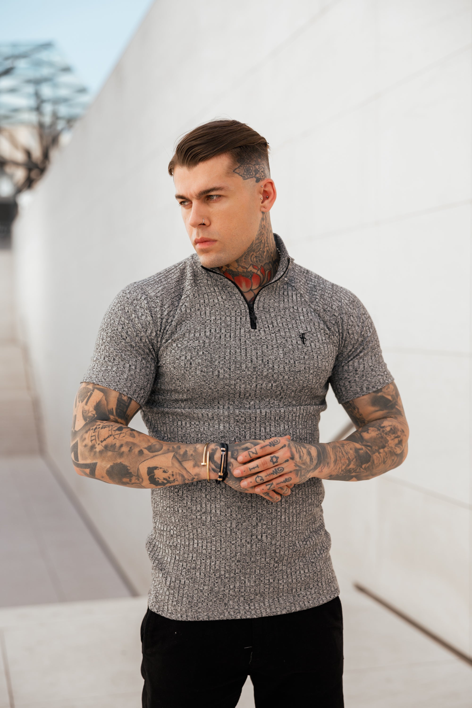 Classic Grey Ribbed Zip Funnel Neck Raglan Short Sleeve Crew - FSH730