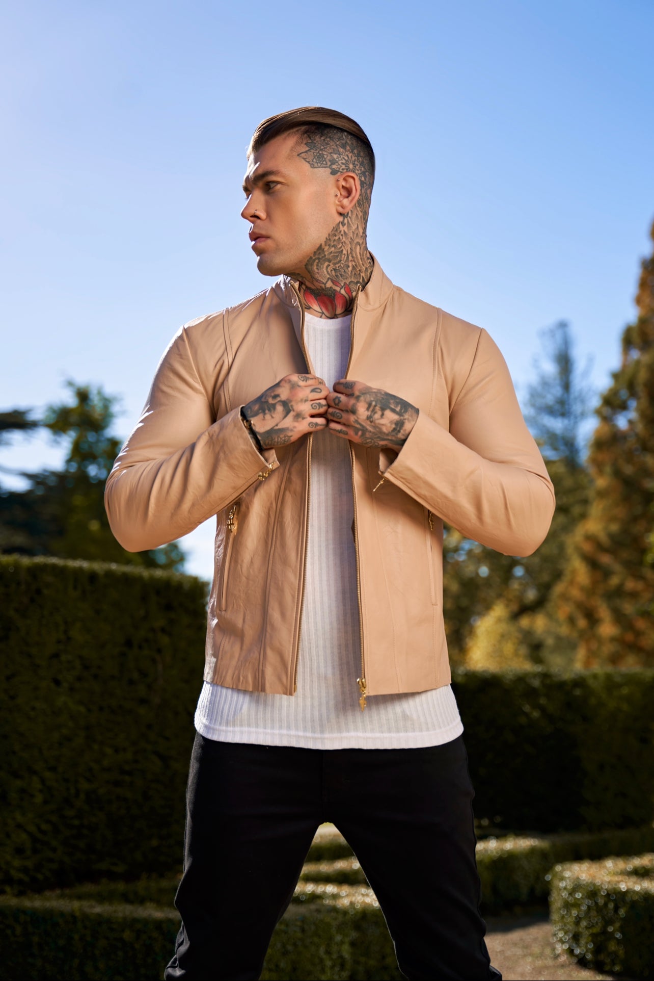 Cream Lambs Leather Jacket with Gold Zips - FSH792