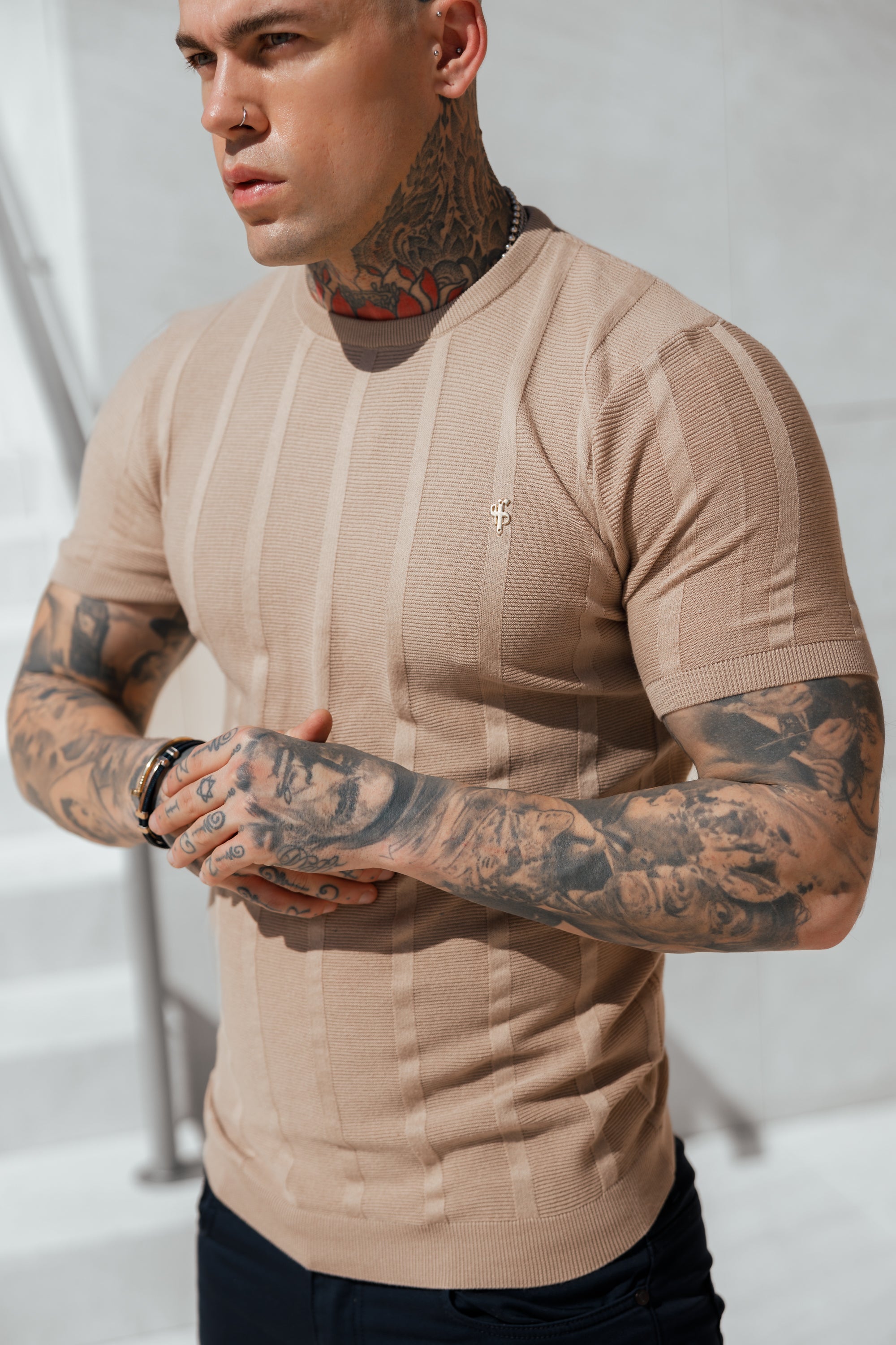 Classic Short Sleeve Oatmeal Knitted Wide Rib Crew with Gold Emblem - FSH741