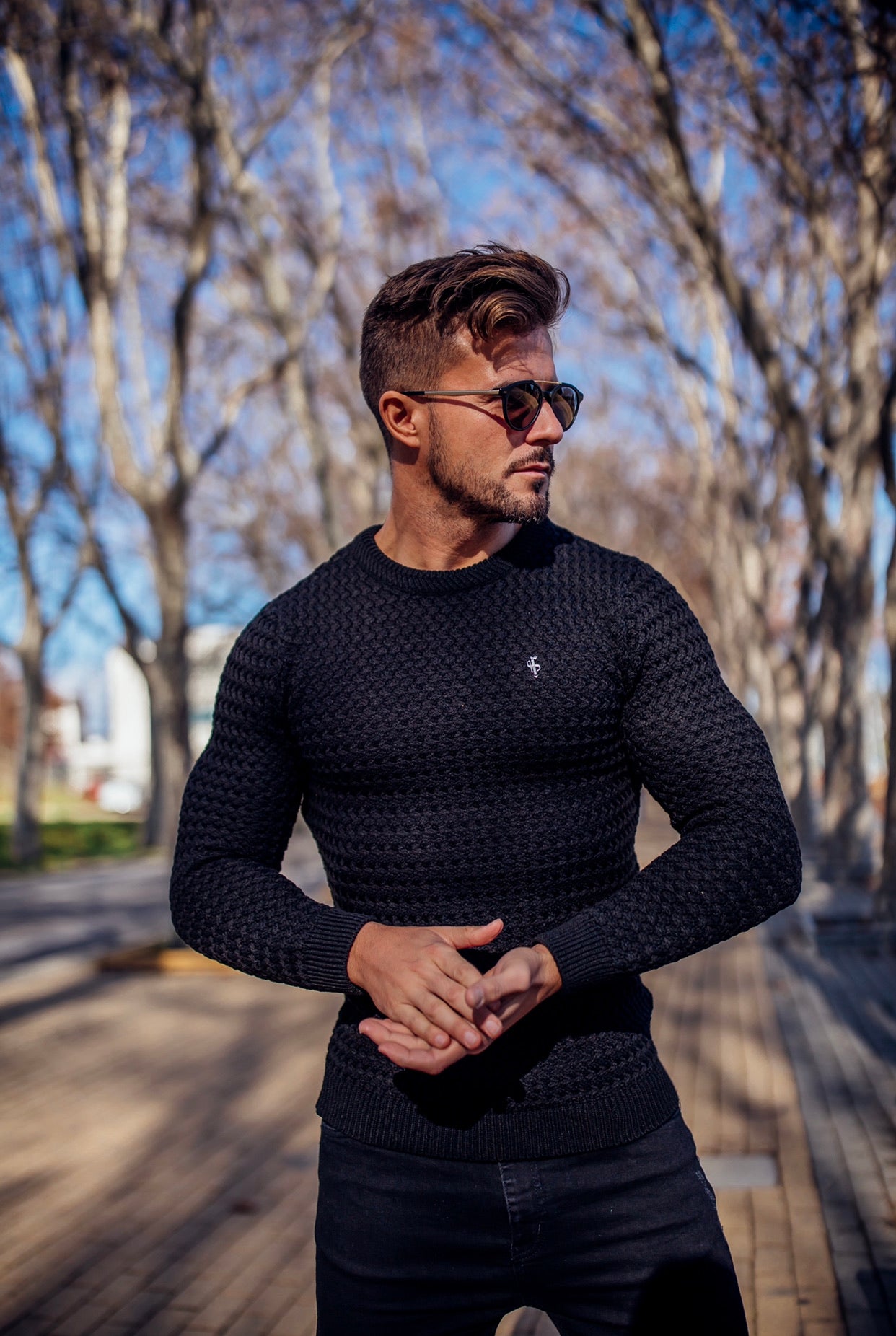 Black Knitted Weave Super Slim Jumper With Metal Decal