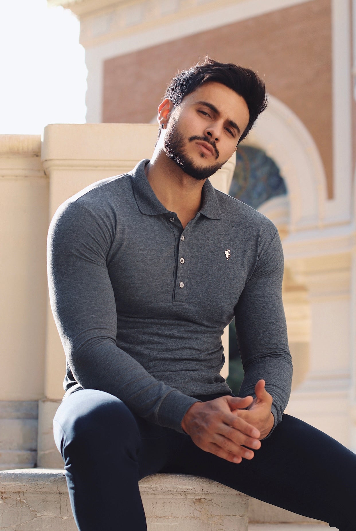 Classic Dark Grey Long Sleeve Polo Shirt with Silver Metal Emblem Decal & Buttons - FSH519