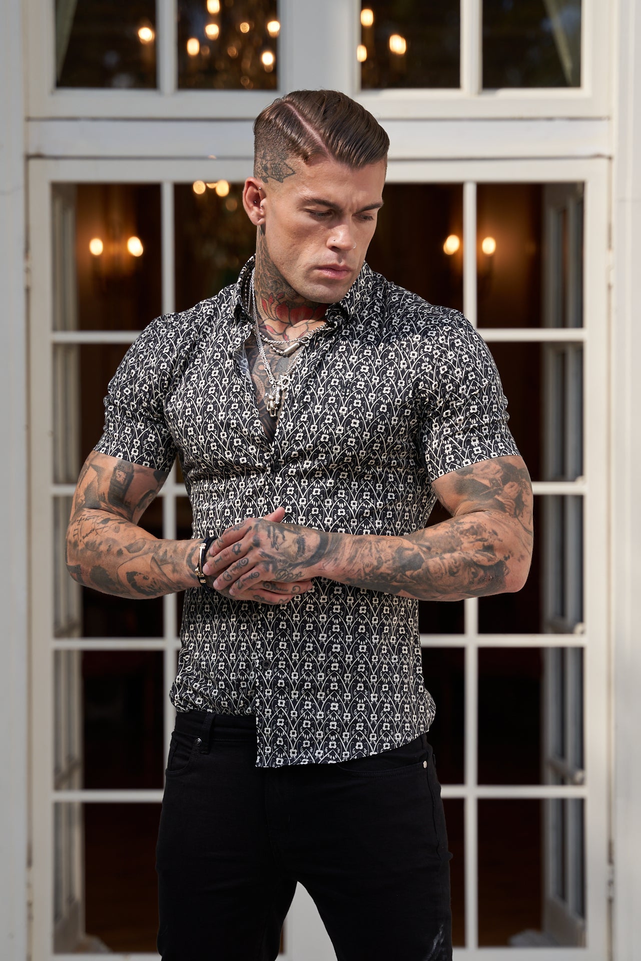 Super Slim Stretch Black and Ecru Geo Flower Print Short Sleeve with Button Down Collar - FS787