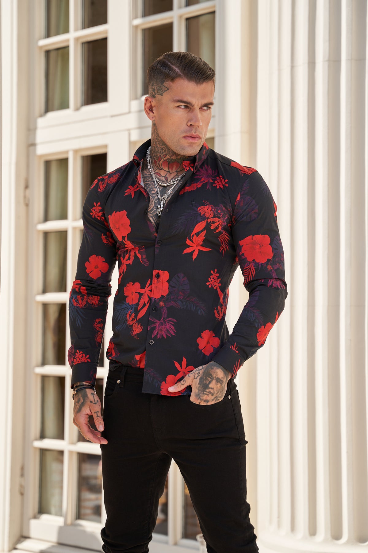 Super Slim Stretch Black and Red Floral Print Long Sleeve with Button Down Collar - FS1274 (PRE ORDER 28TH OCTOBER)