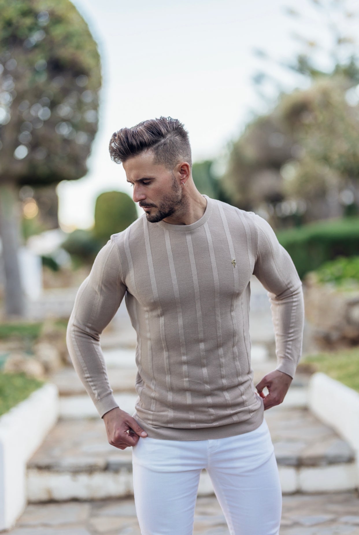 Classic Long Sleeve Oatmeal Knitted Wide Rib Crew with Gold Emblem - FSH740