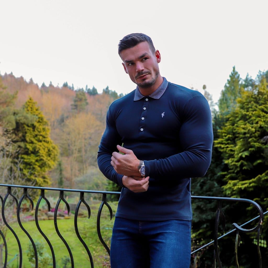 Classic Navy Pima Polo Shirt with Contrast Collar Long Sleeve - FSH427