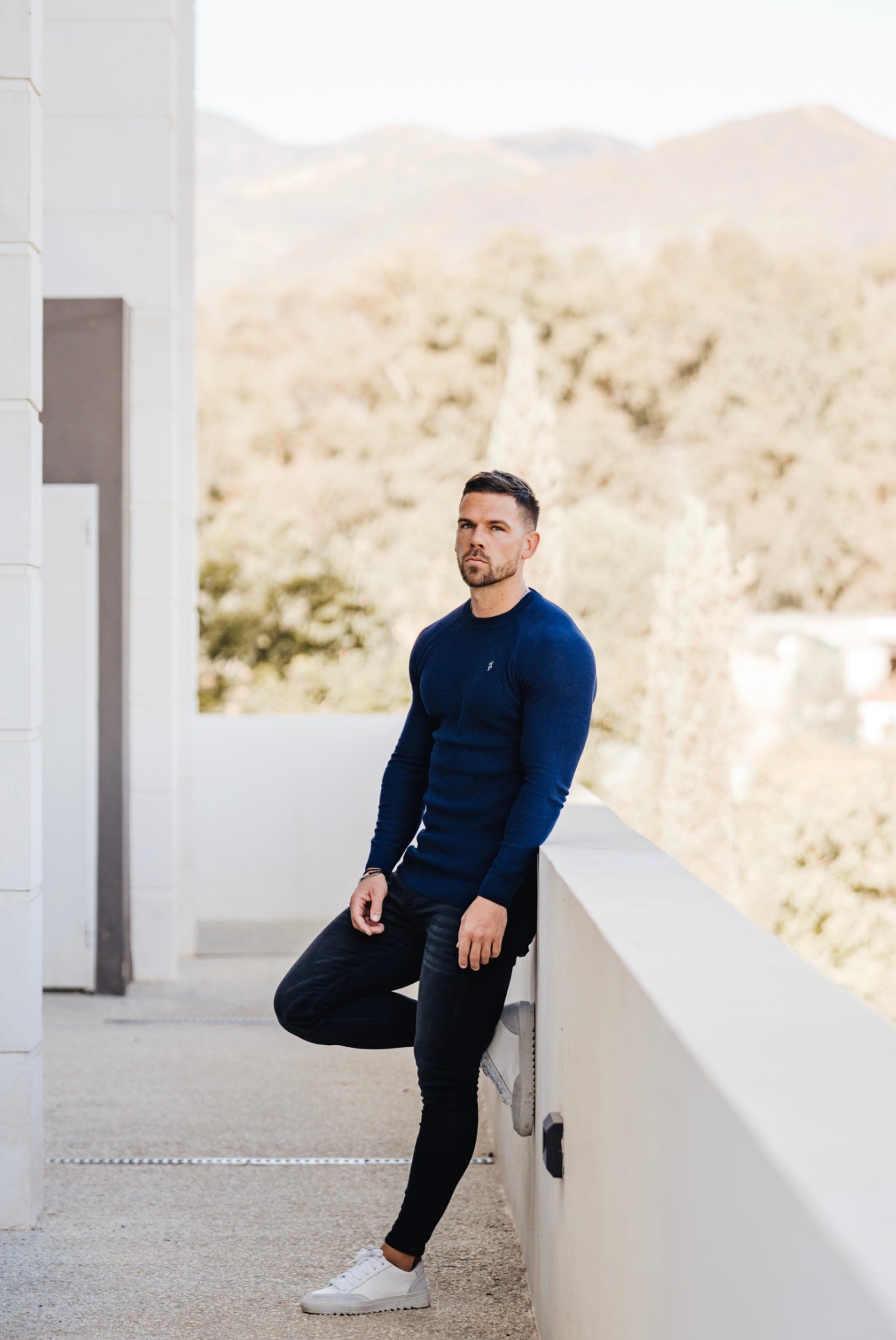 Father Sons Navy Knitted Honeycomb Raglan Crew Super Slim Sweater With Metal Decal - FSN060