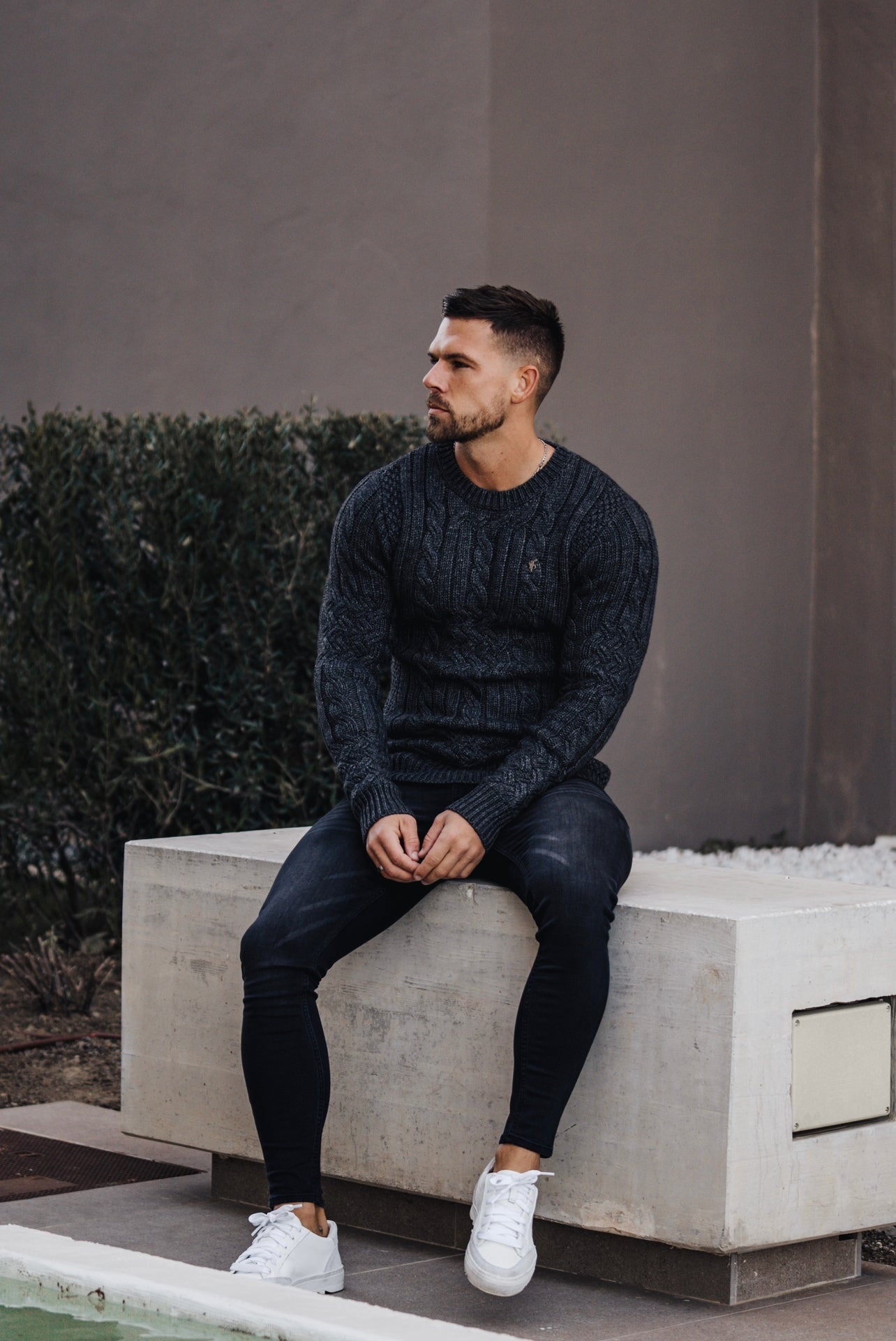 Father Sons Luxury Lambs Wool Braided Knot Charcoal Sweater With Metal Decal - FSN024